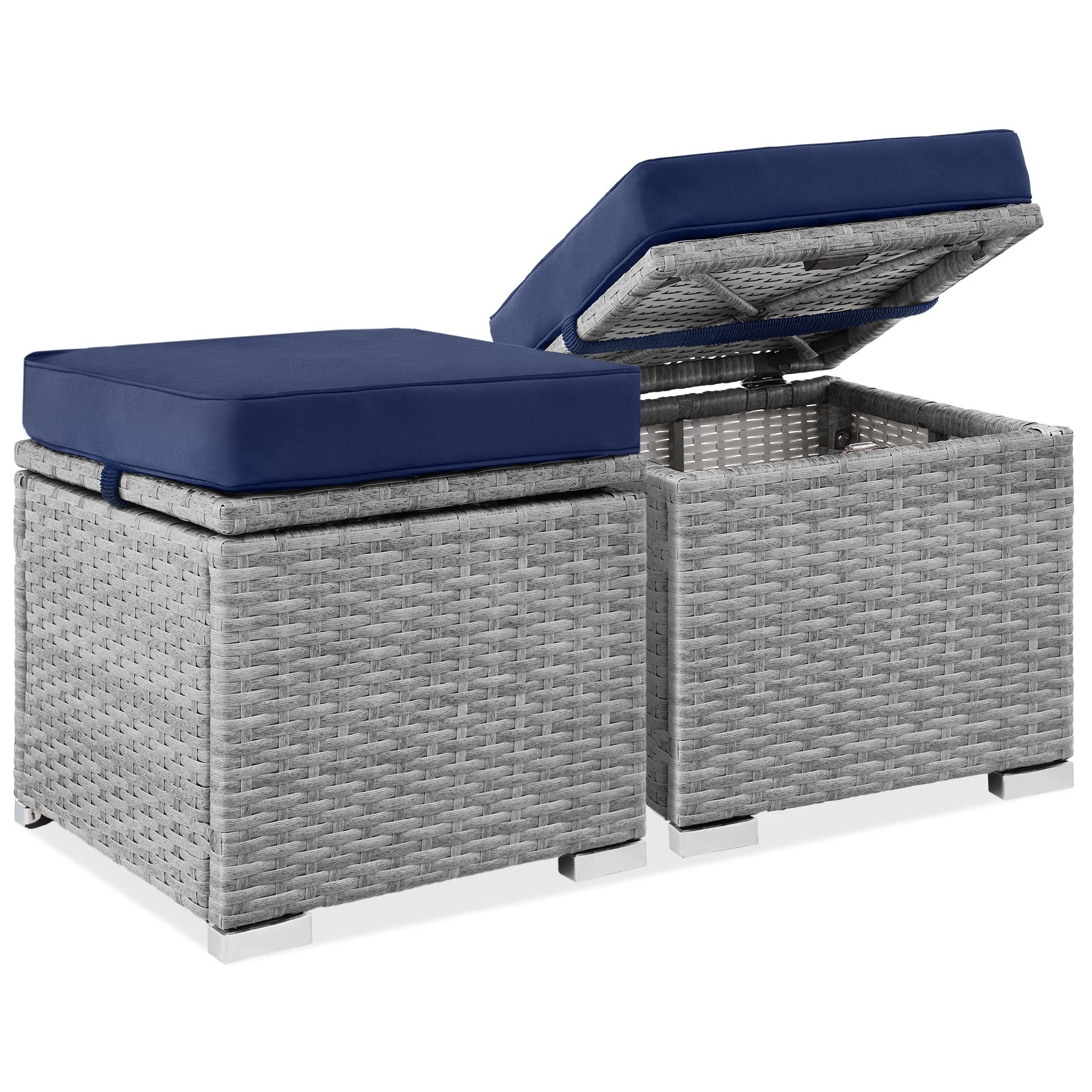 Best Choice Products Set Of 2 Wicker Ottomans, Multipurpose Outdoor Furniture For Patio, Backyard, Additional Seating, Footrest, Side Table W/Storage, Removable Cushions - Gray/Navy