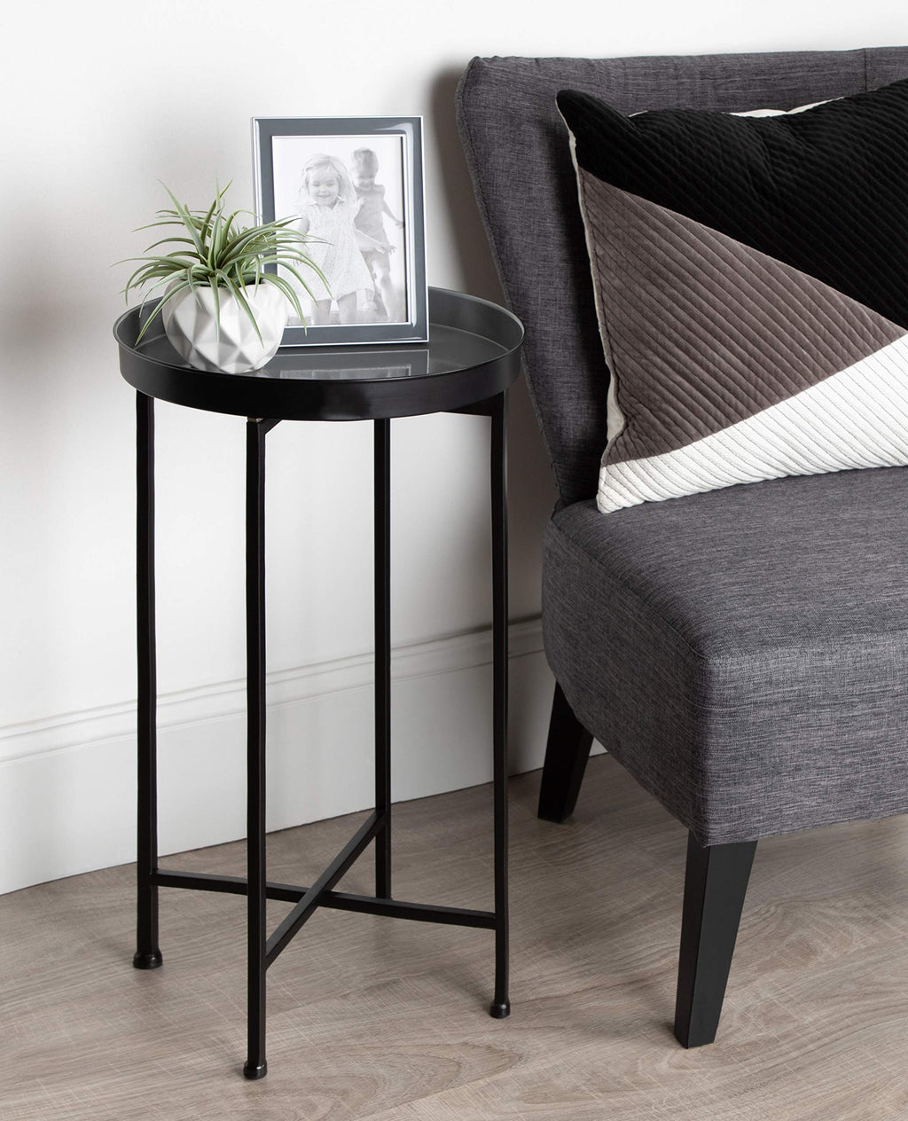 Kate And Laurel Celia Round Foldable Tray Accent Table, 14' X 14' X 25.75', Gray And Black, Modern Minimalist Design And Magnetic Tabletop