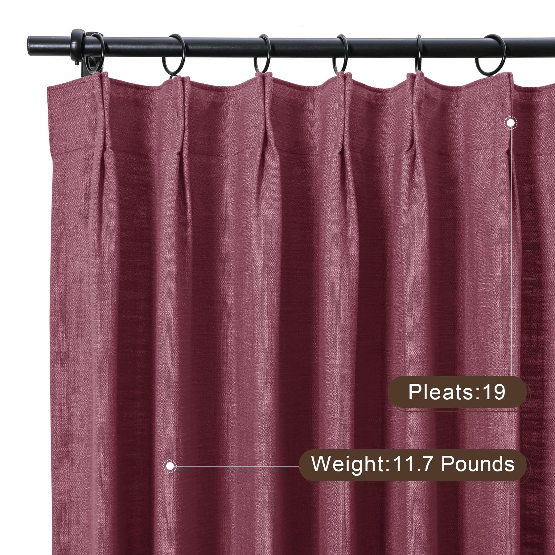 Twopages Double Layer Lined Curtain Burgundy Red Linen Blend Light Filtering Pinch Pleat Curtain For Kitchen, Room Darkening Win