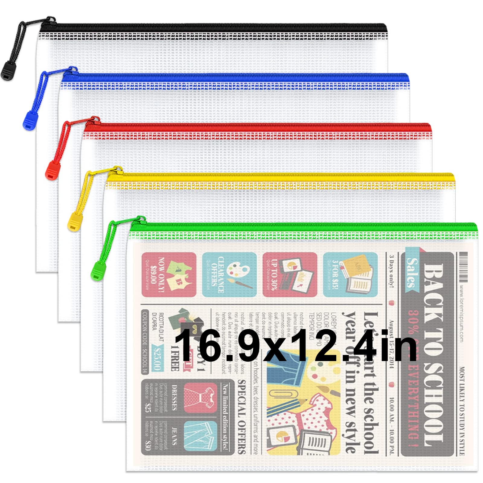 Umriox 5Pcs Mesh Zipper Pouch 16.9X12.4 In, Zipper Bags, Extra Thick, Zipper Pouches For Organizing, Large Storage Bags For Puzz