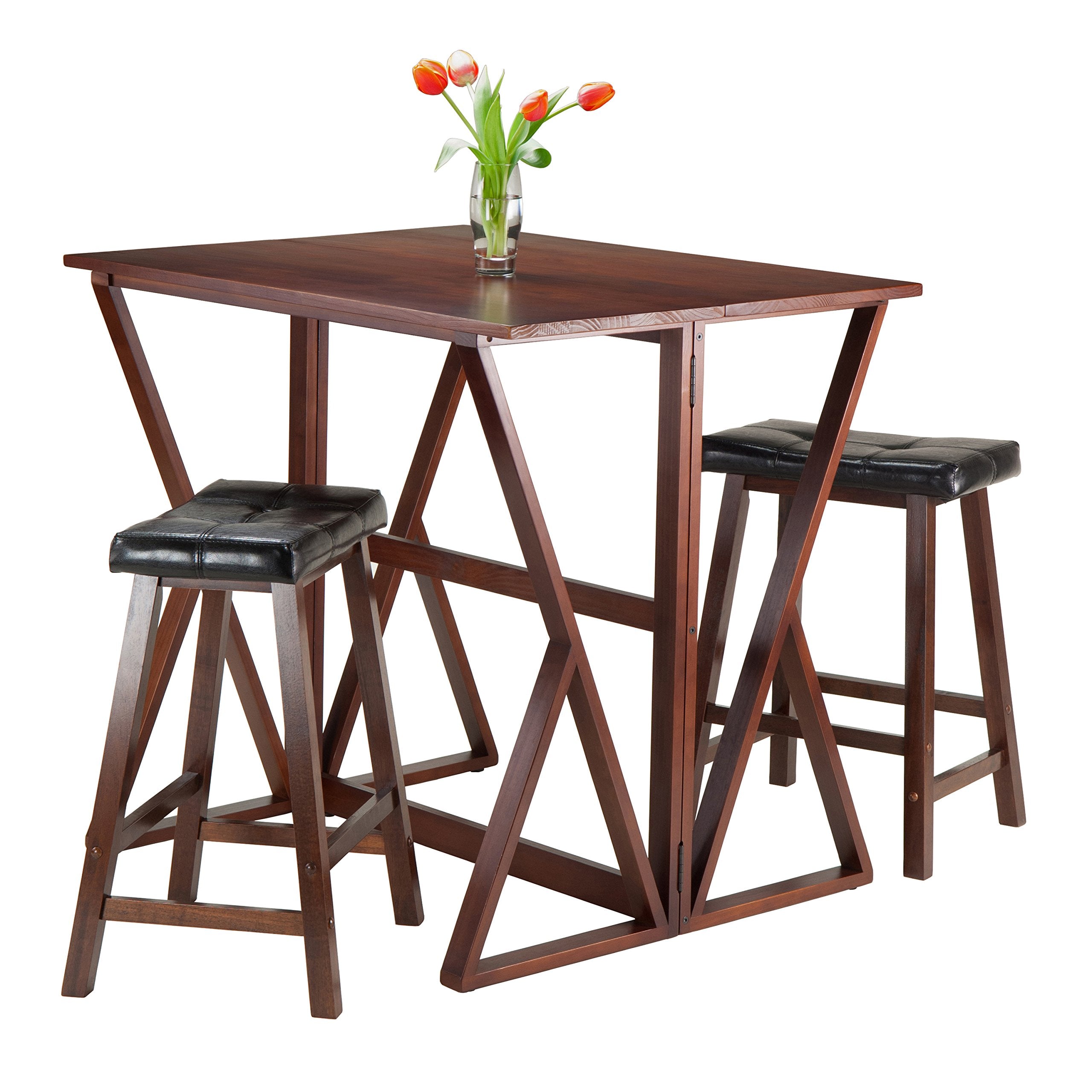 Winsome 3-Piece Harrington Drop Leaf High Table with 2 Cushion Saddle Seat Stools, 24-Inch, Brown