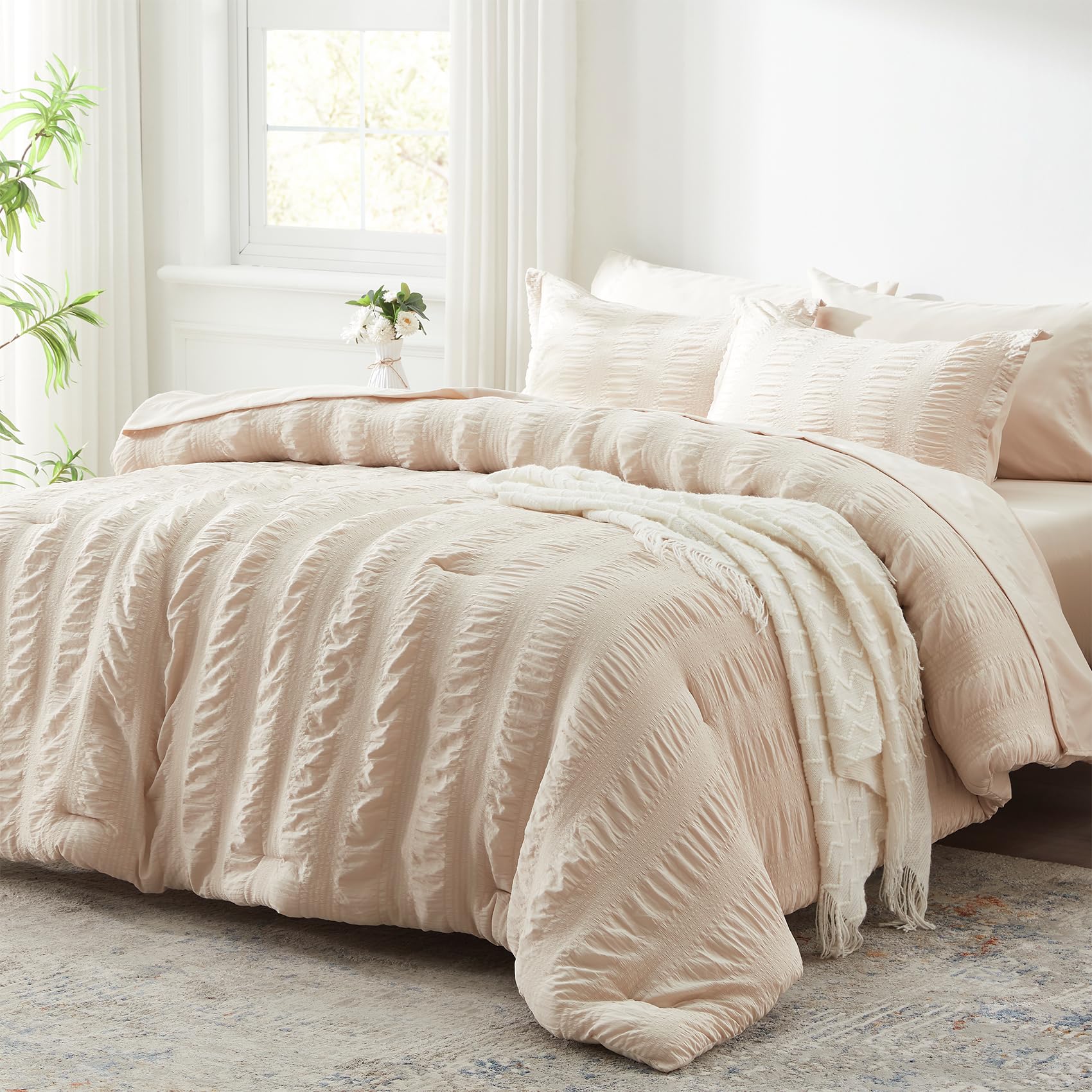 Zzlpp Queen Comforter Set 7 Pieces, Beige Seersucker Bed In A Bag With Comforter And Sheets, All Season Bedding Sets With 1 Comf