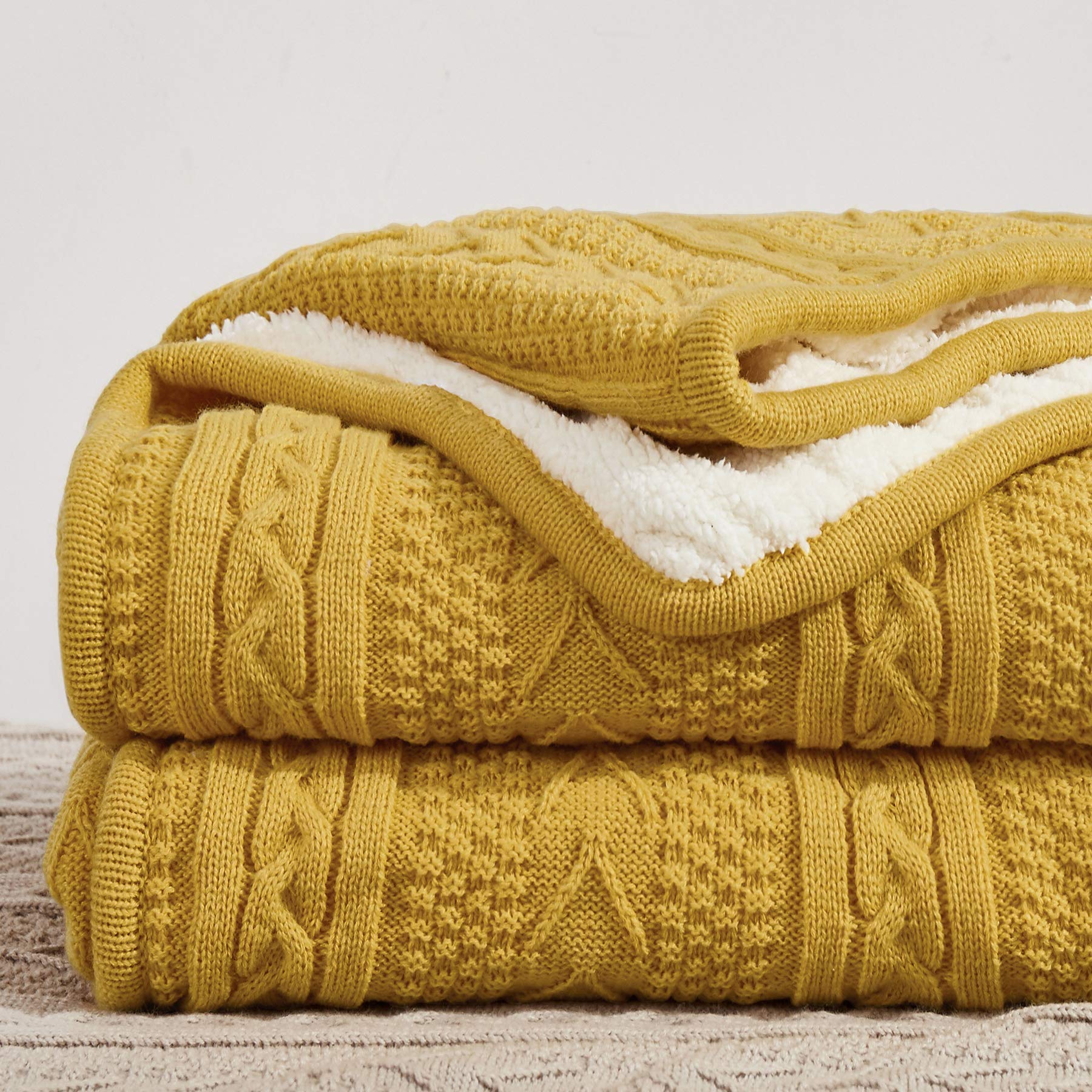 Longhui Bedding Mustard Yellow Sherpa Throw Blanket - Thick, Soft, Big, Cozy Yellow Acrylic Cable Knit Fleece Blankets For Couch