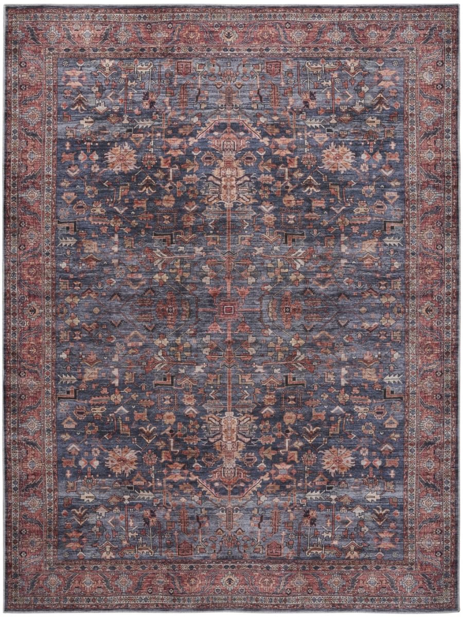 HomeRoots 533337 9 x 12 ft. Blue & Red Oriental Power Loom Distressed Washable Non Skid Rectangle Area Rug