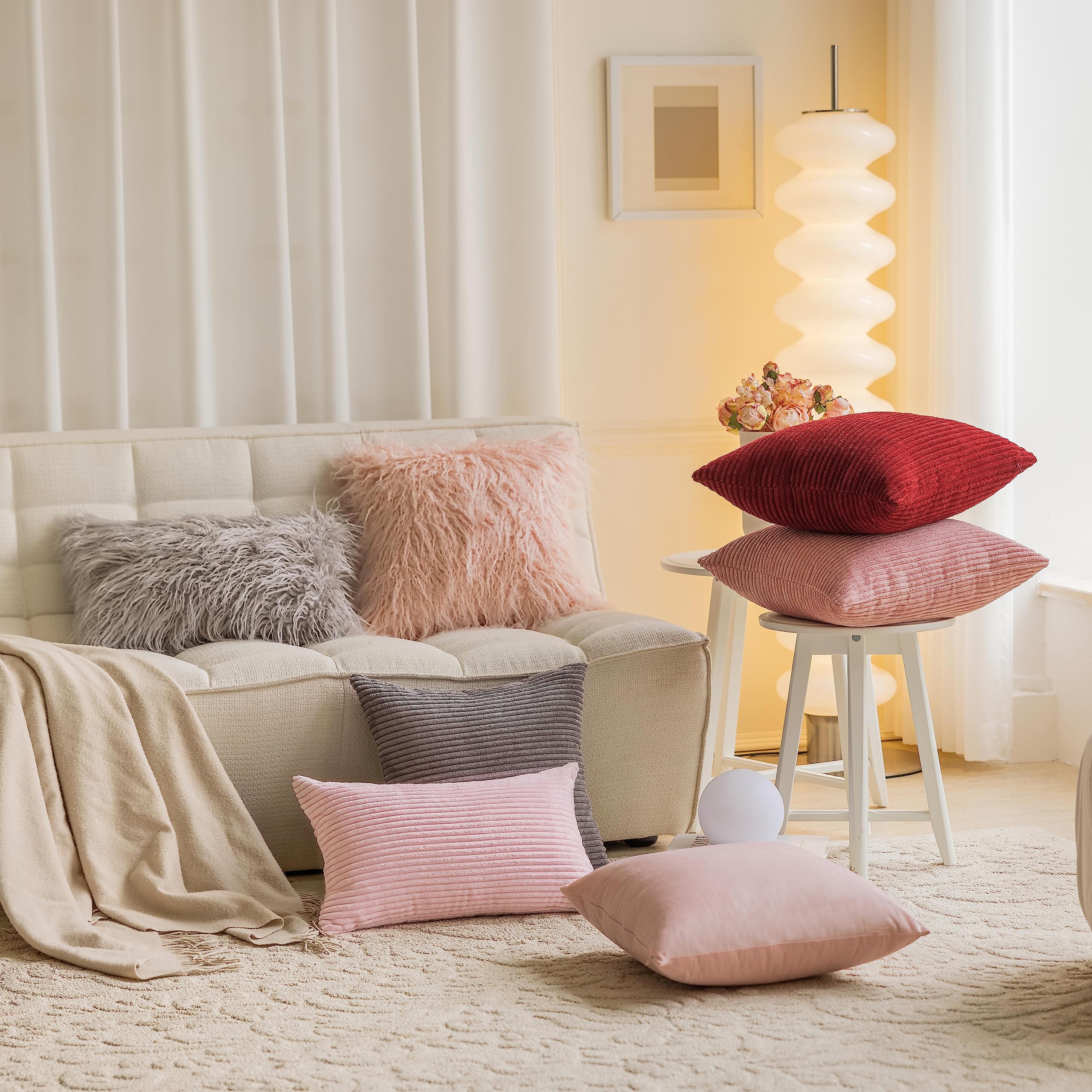 Home Brilliant 12X20 Pillow Cover Soft Pink Throw Pillow Cover For Lumbar Protection Striped Corduroy Solid Oblong Pillowcases F