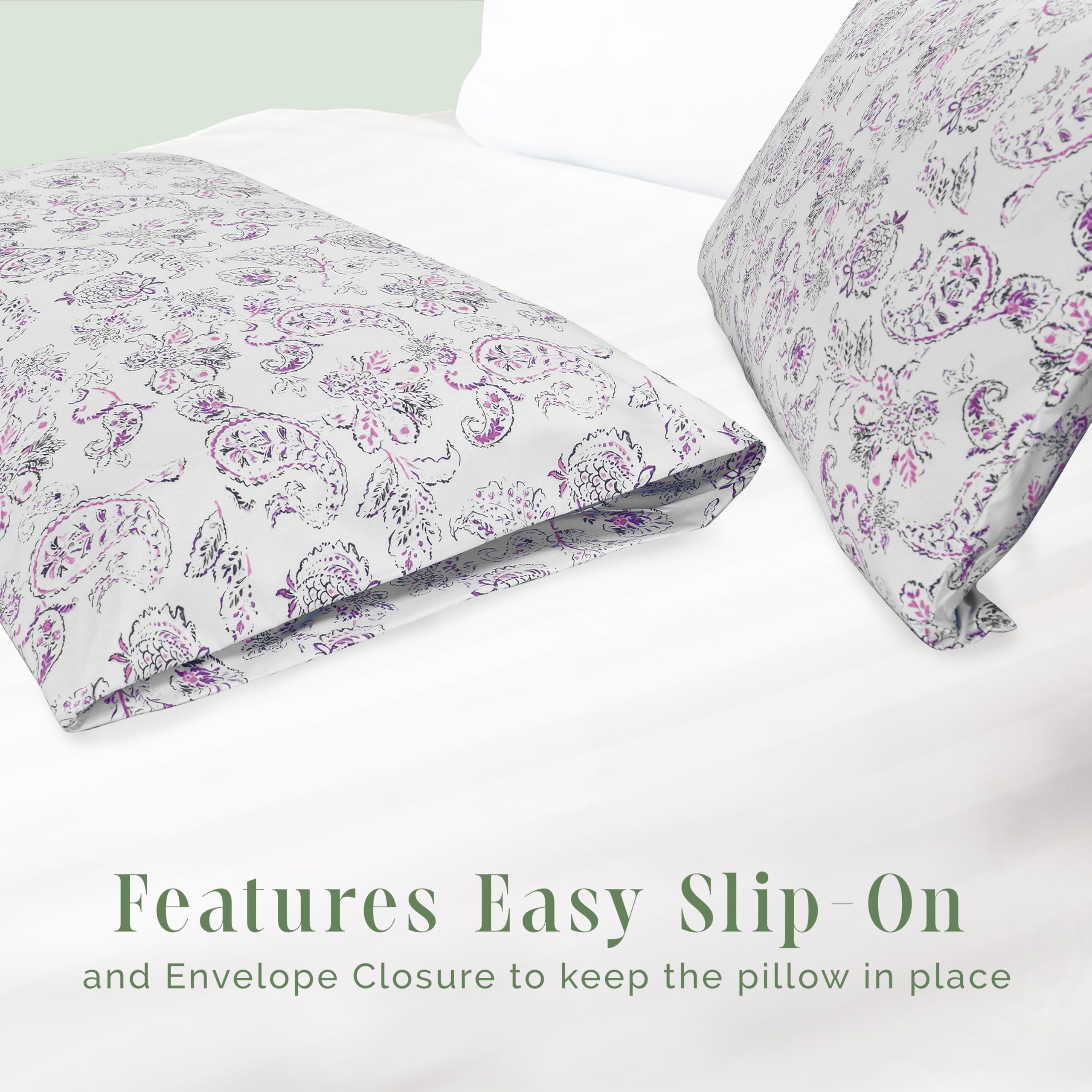 Elegant Comfort Ultra Soft Set Of 2 Floral Print Pillowcases - 1500 Premium Hotel Quality Microfiber, Soft And Smooth Envelope Closure 2-Piece Pillow Covers - King, Paisley Purple