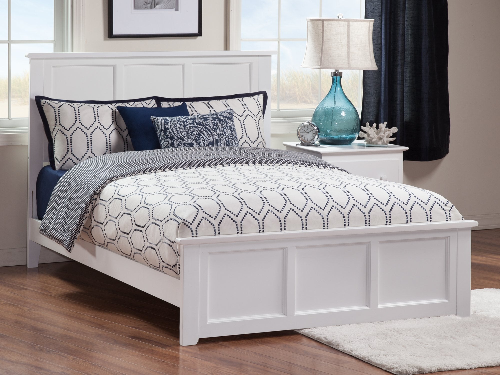 AFI, Madison Full Size Low Profile Platform Bed with Matching Footboard and Attachable USB Charger, White