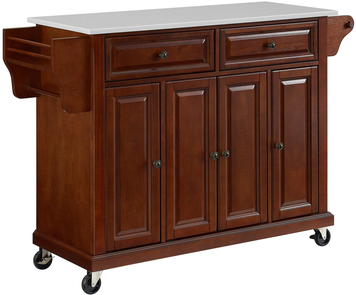 Crosley Furniture Full Size Stone Top Rolling Kitchen Island Storage Cart, Microwave Stand, Spice Rack, Mahogany