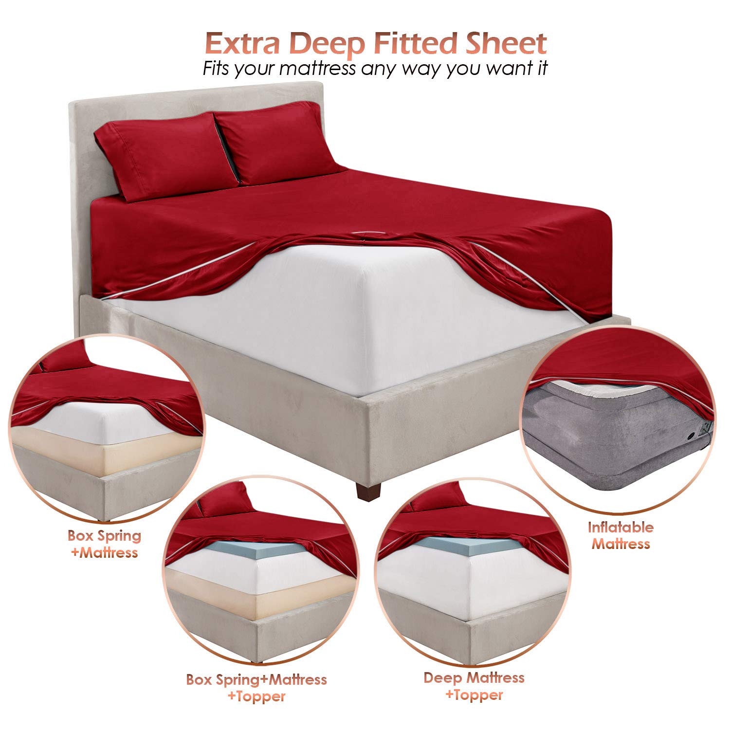 Hearth & Harbor Bed Linen Set - King Size, 6 Piece, Extra Deep Pocket, Burgundy, Microfiber