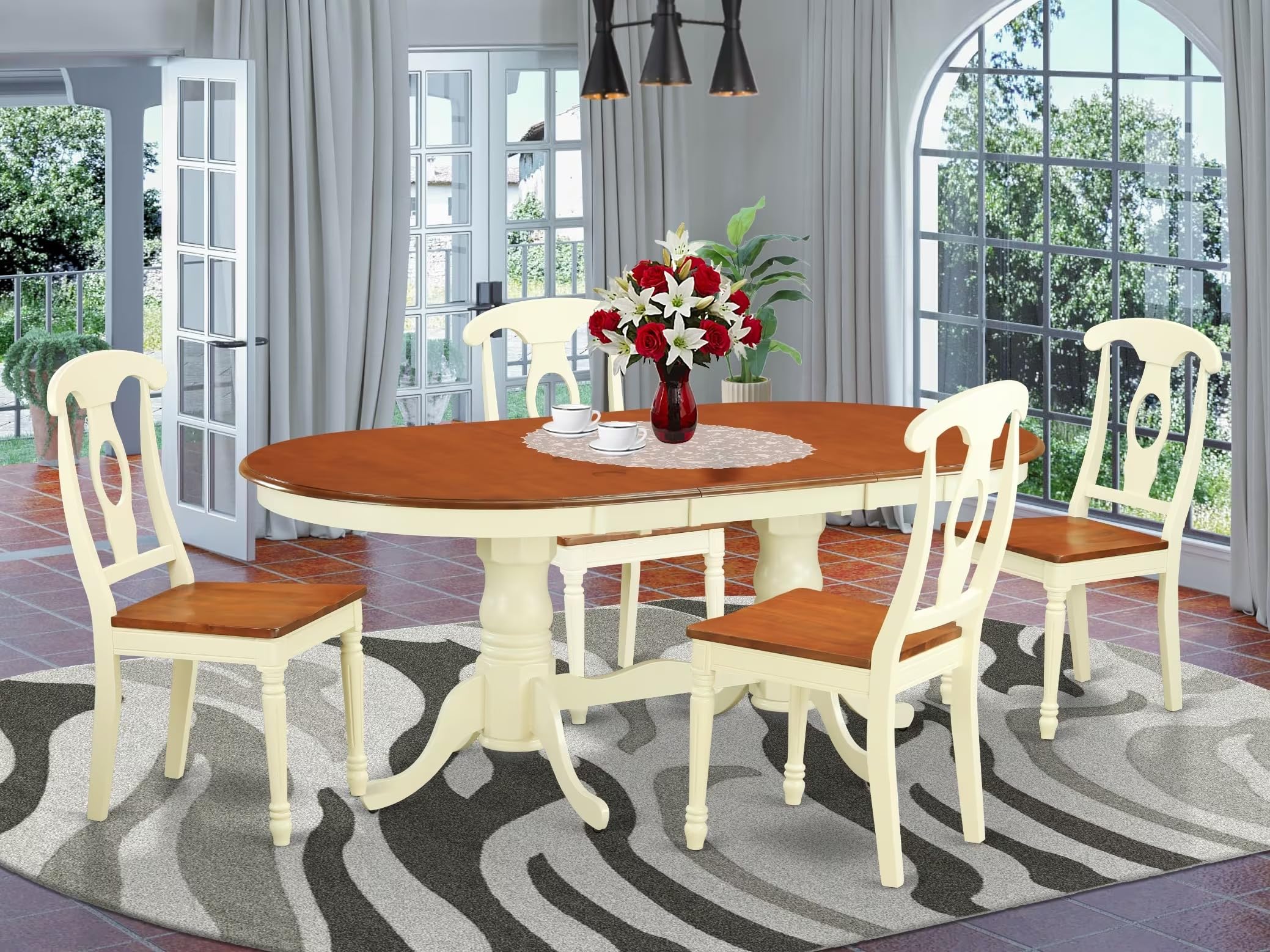 East West Furniture PLKE5-WHI-W 5 Piece Dining Table Set for 4 Includes an Oval Kitchen Table with Butterfly Leaf and 4 Kitchen Dining Chairs, 42x78 Inch, Buttermilk & Cherry