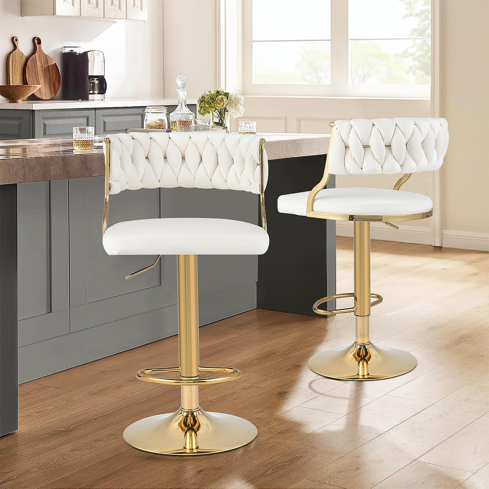 Costway Velvet Adjustable Bar Stools Set Of 2, Max Load 400 Lbs, Modern Upholstered Swivel Barstools With Woven Back, Footrests, Adjustable Height Bar Chairs For Kitchen Island Cafe Pub, Beige+Gold
