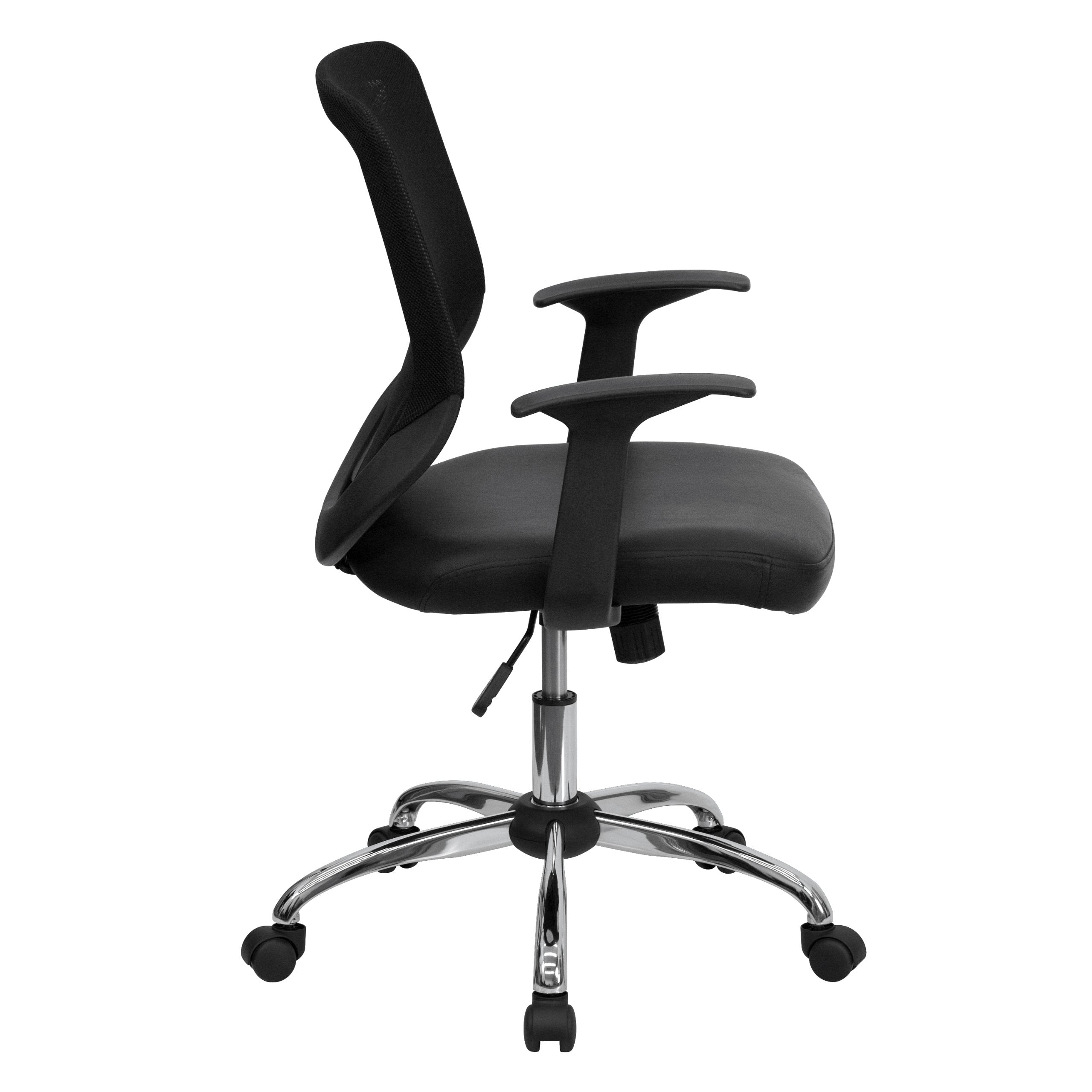Flash Furniture Norris Mid-Back Black Mesh Tapered Back Swivel Task Office Chair with LeatherSoft Seat, Chrome Base and T-Arms