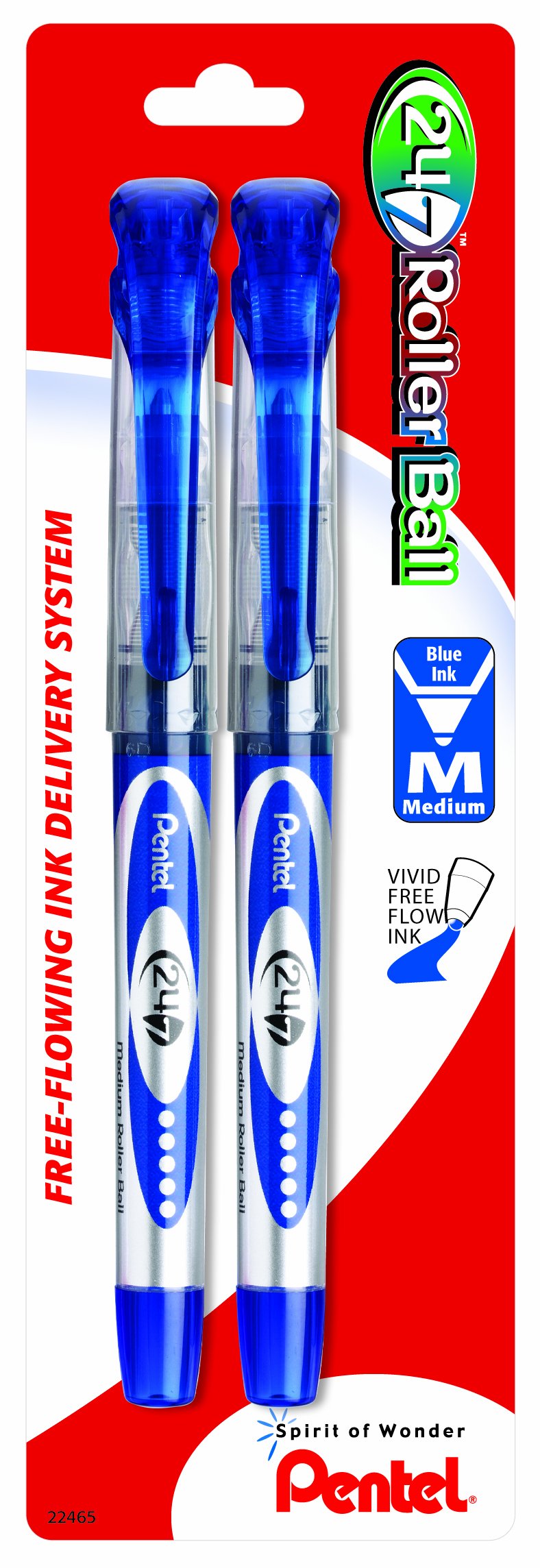 Pentel 24/7 Roller Ball Pen, Medium Line, Blue Ink, 2 Pack (Bld97Bp2C)