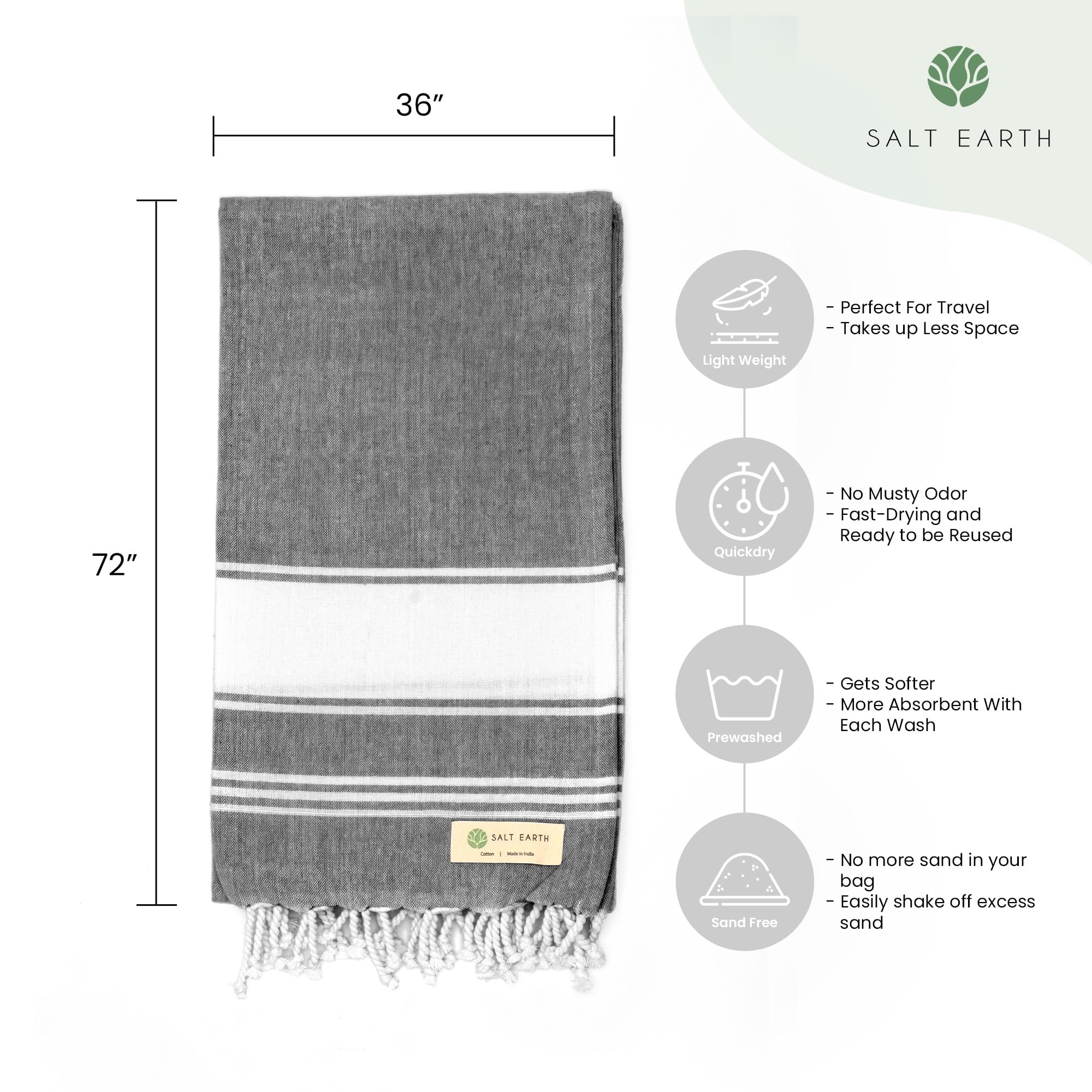 Salt Earth Cotton Turkish Beach Towel, Bath Towels Set Of 4 Large, Towels For Bathroom, Beach Essentials,Gym Towels, Quick Dry T