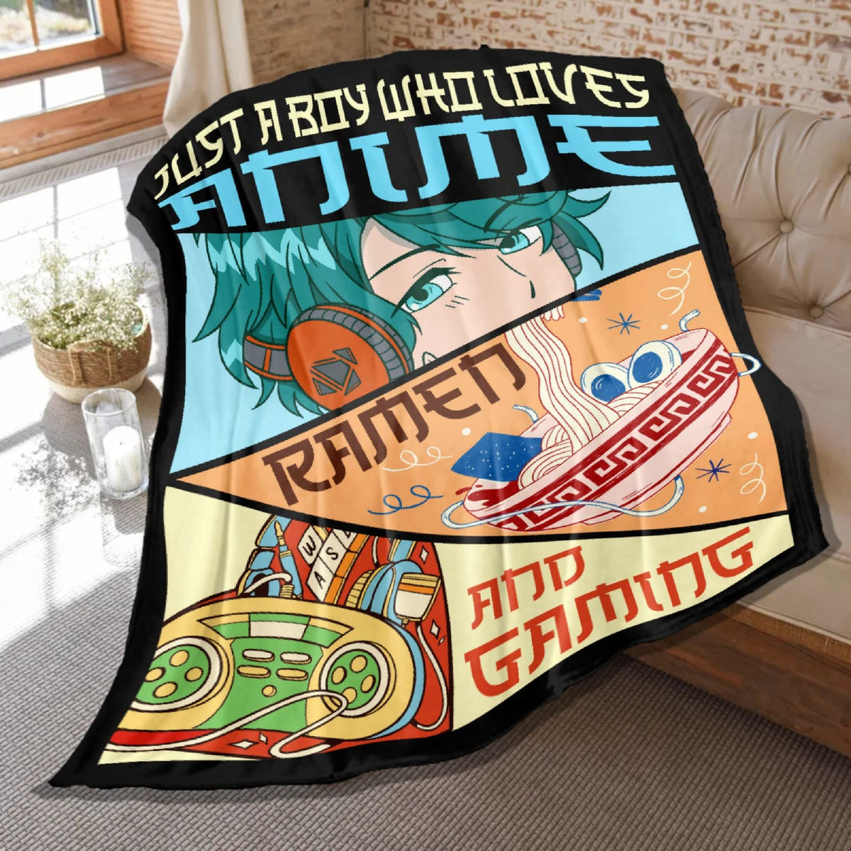 Game Blanket For Boys Child,Just A Boy Who Loves Anime,Ramen And Gaming Blankets,Soft Flannel Throws Lightweight Decorative Quil
