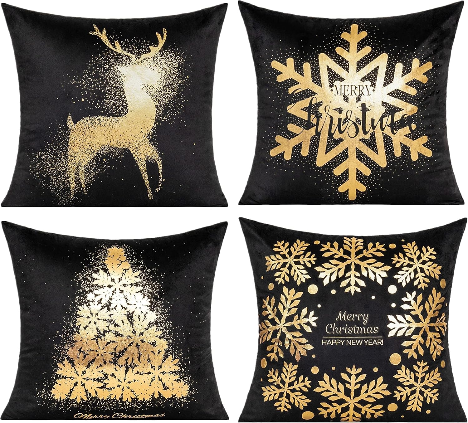All Smiles Black Christmas Gold Throw Pillow Covers Xmas Cases Decorations 16X16 Set Of 4 D  Cor Indoor Home Soft Velvet Decorat