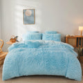 Fluffy Blue Comforter Cover Set Queen - Ultra Soft Plush Blue Bedding Sets 3 Pieces (1 Faux Fur Duvet Cover + 2 Faux Fur Pillow