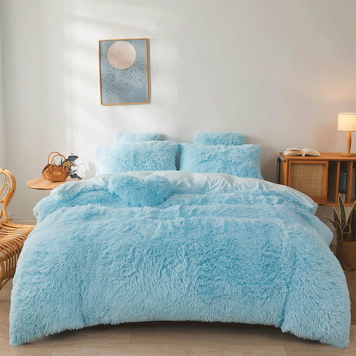 Fluffy Blue Comforter Cover Set Queen - Ultra Soft Plush Blue Bedding Sets 3 Pieces (1 Faux Fur Duvet Cover + 2 Faux Fur Pillow
