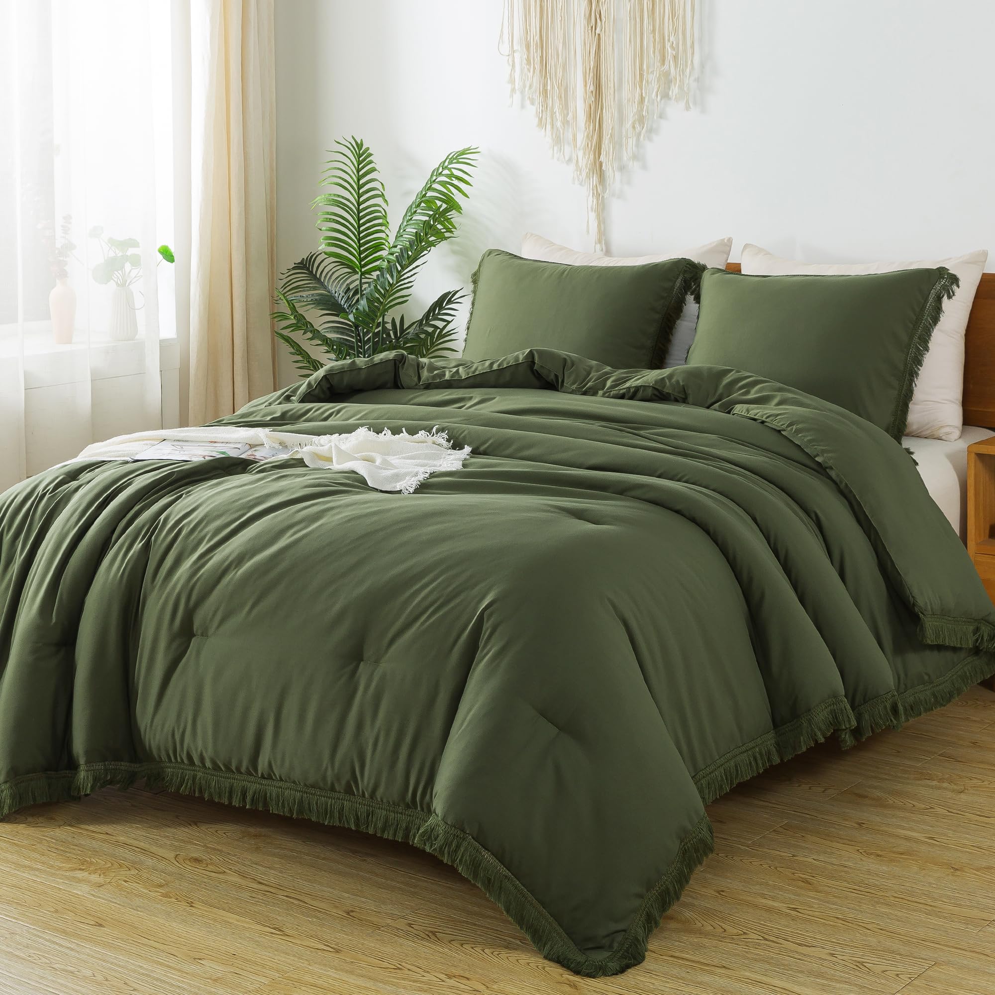 Andency Olive Green Comforter Set Full Size, 3 Pieces Boho Tassel Lightweight Bedding Comforter Sets, All Season Soft Fluffy Fringe Bed Set (79X90In Comforter & 2 Pillowcases)