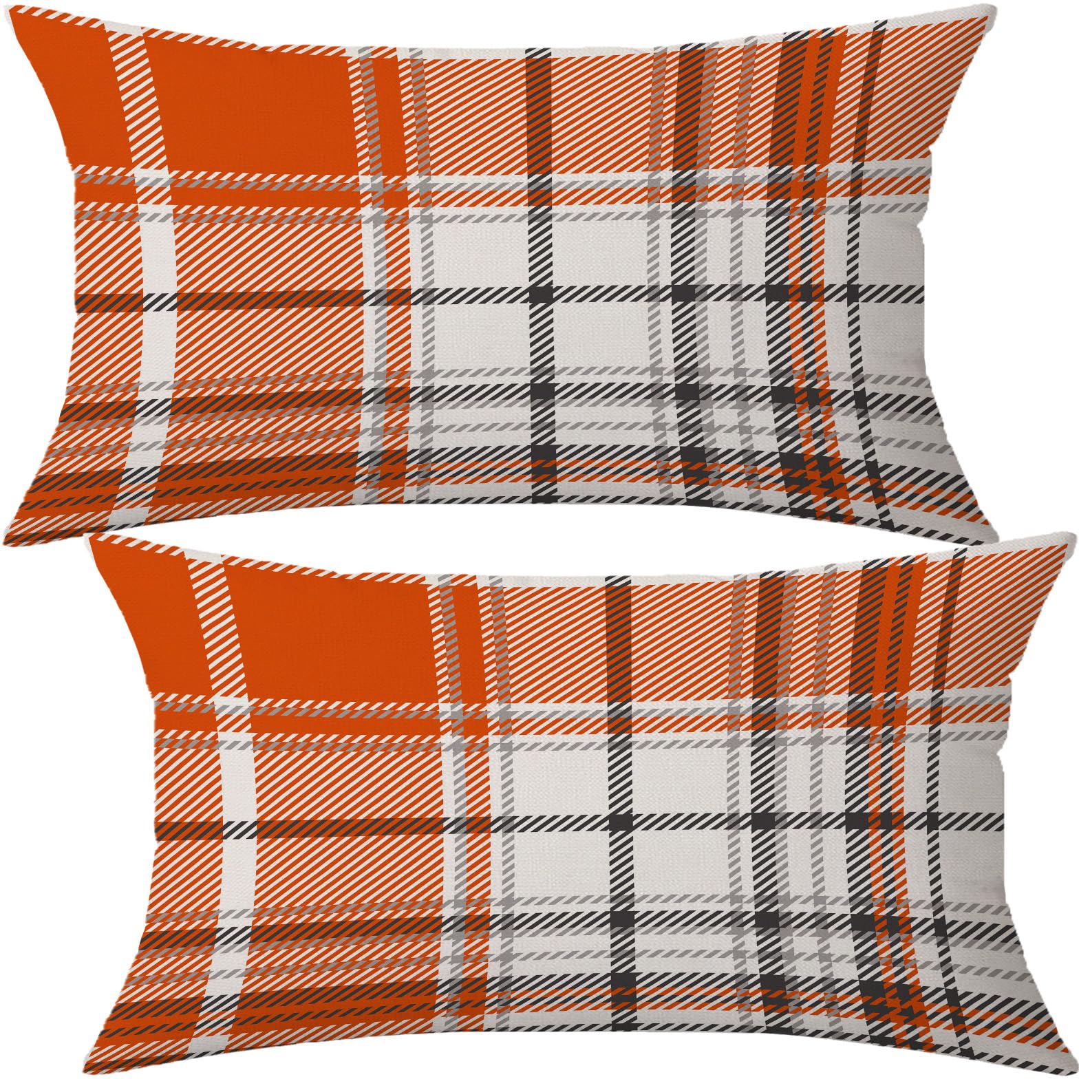 Aofanggo Set Of 2 Fall Pillow Covers Autumn Decorative Throw Pillow Cases 12X20 Inch Orange Plaids Cushion Covers Faux Linen,Far