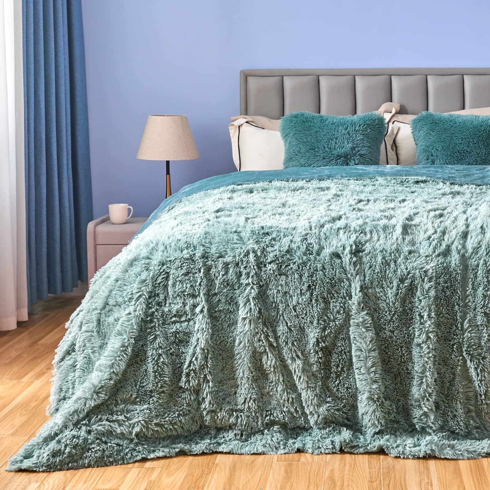 Gonaap Fuzzy Faux Fur Throw Blanket Queen Size Ice Blue Super Soft Cozy Plush Fuzzy Shaggy Blanket For Couch Sofa Bed (Ice Blue,