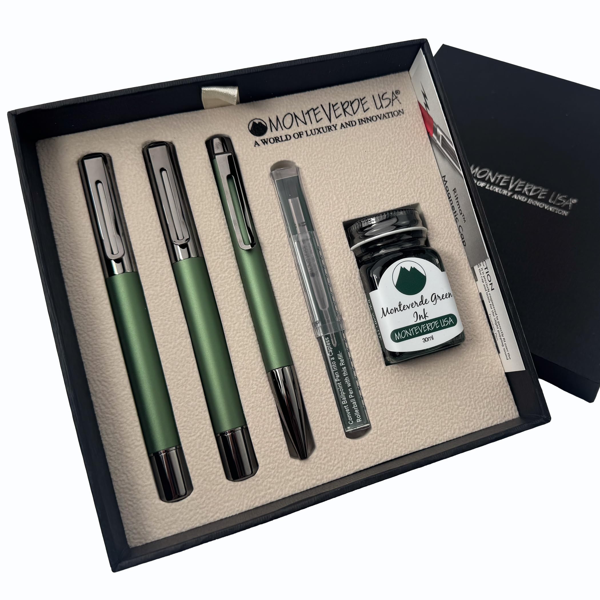 Monteverde Ritma 3+2 Piece Gift Set, Green - Includes Extra Fine Nib Fountain Pen, Rollerball, Ballpoint, 30Ml Ink & Refill - Lu