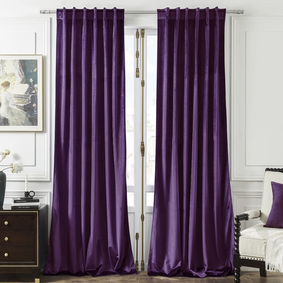 Timeper Blackout Purple Velvet Curtains - 90 Inches Long Privacy Soundproof Soft Thick Drapes Thermal Insulated Panels For Livin