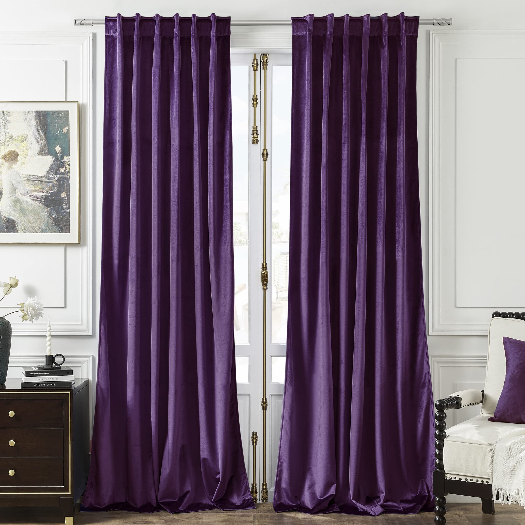 Timeper Purple Curtains 108 Inches - Room Darkening Velvet Curtains Drapes, Light Blocking Privacy Window Drapery For Hotel/Bedr