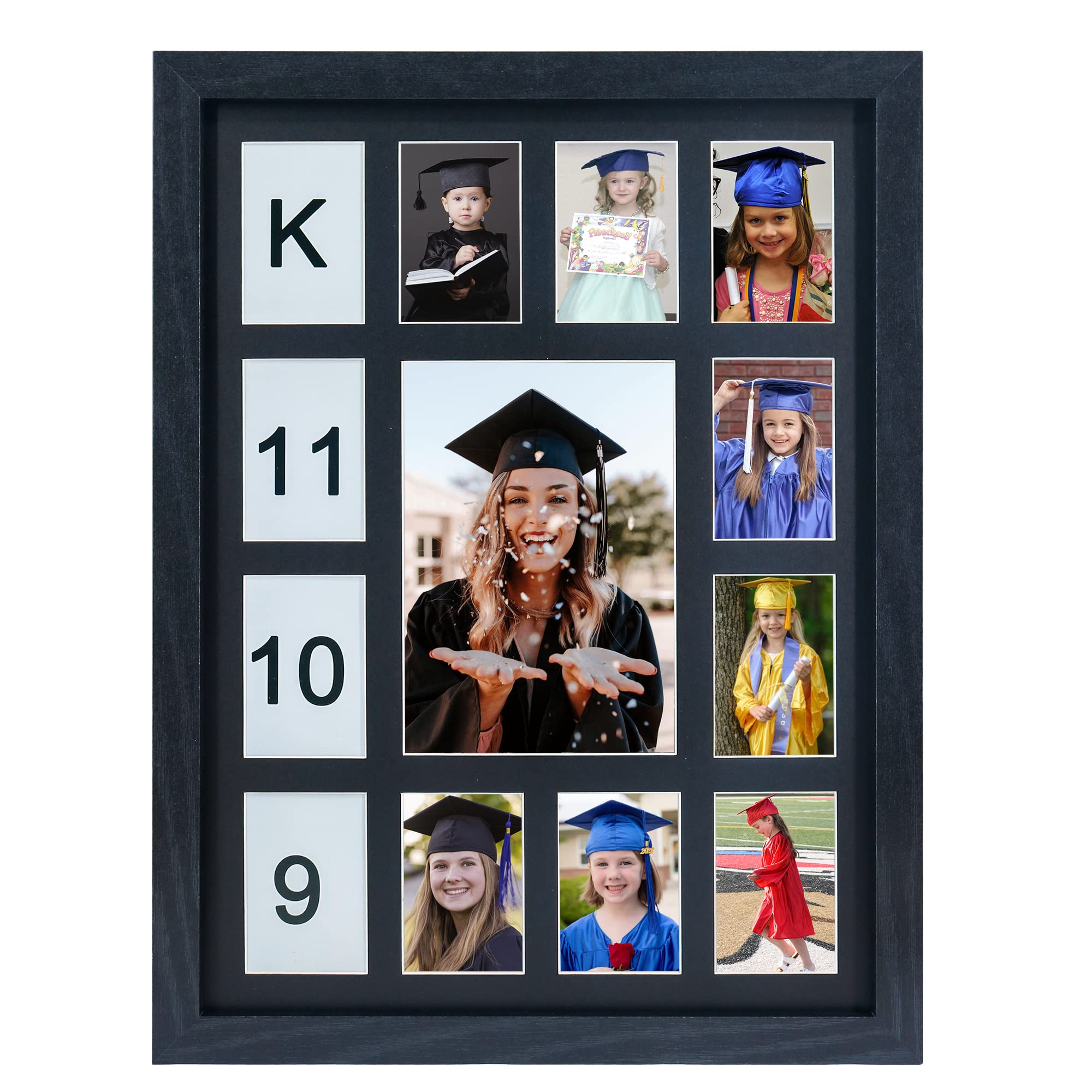 FramePro School Years Picture Frame K-12 Day Graduation Photo Collage Black Frame with Mat, Displays One 5x7 Photo and Twelve 2.