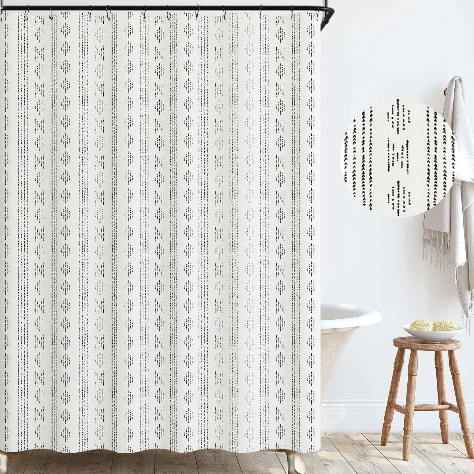 jinchan Black and White Boho Shower Curtain Bohemian Vertical Striped Fabric Shower Curtains for Bathroom with 12 Hooks Waterpro