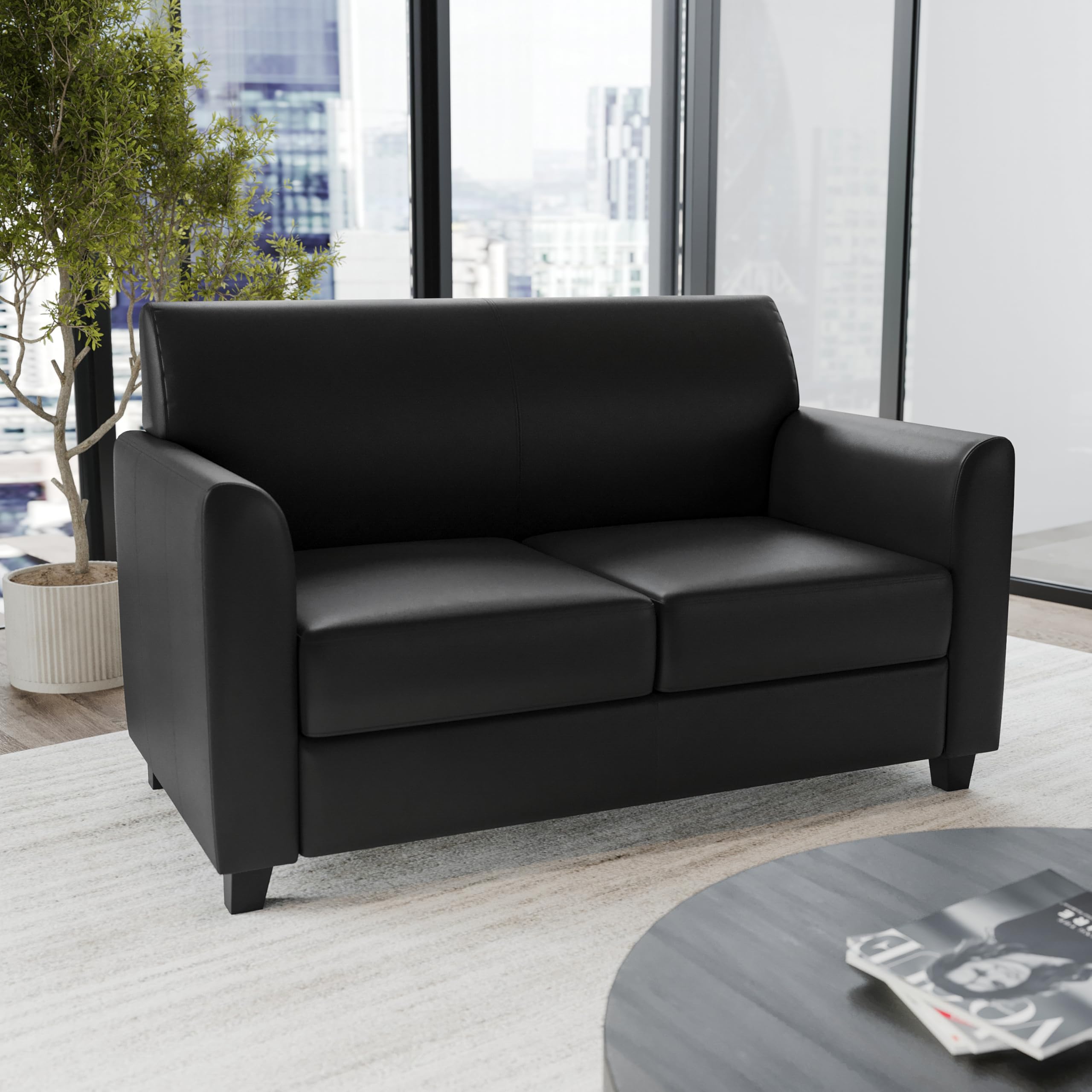 Flash Furniture Hercules Diplomat Series LeatherSoft Upholstered Loveseat, Modern Small Sofa for Living Room or Office, Black