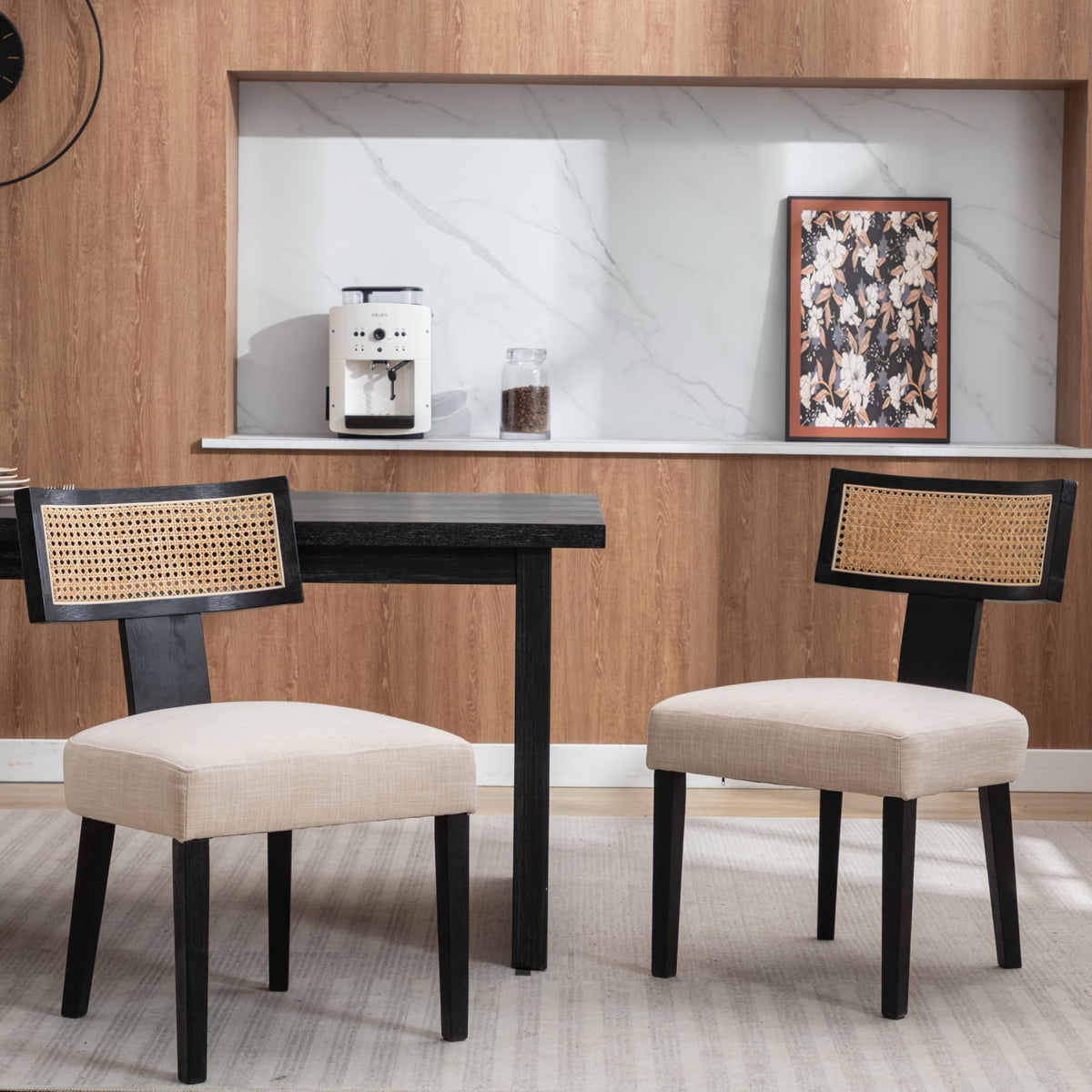 Rivova Rattan Dining Chairs Set Of 2, Modern Dining Chairs Kitchen Dining Room Chairs, Curved Cane Back Upholstered Linen Fabric