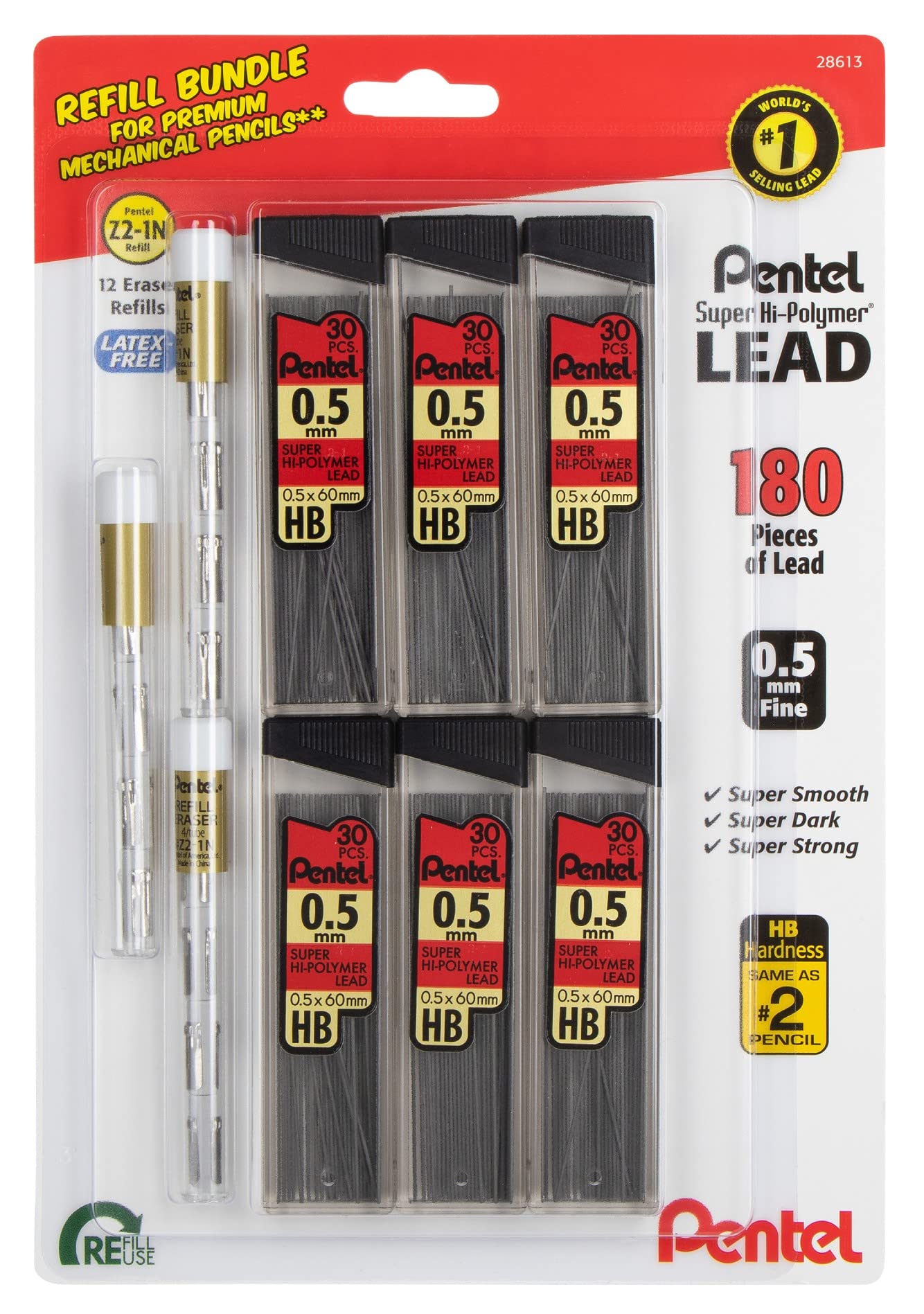 Pentel 5Mm Lead Refill And Eraser Pack For Mechanical Pencils - Super Hi-Polymer Lead Refills - Value Pack - 6 Packs Of 0.5 Lead