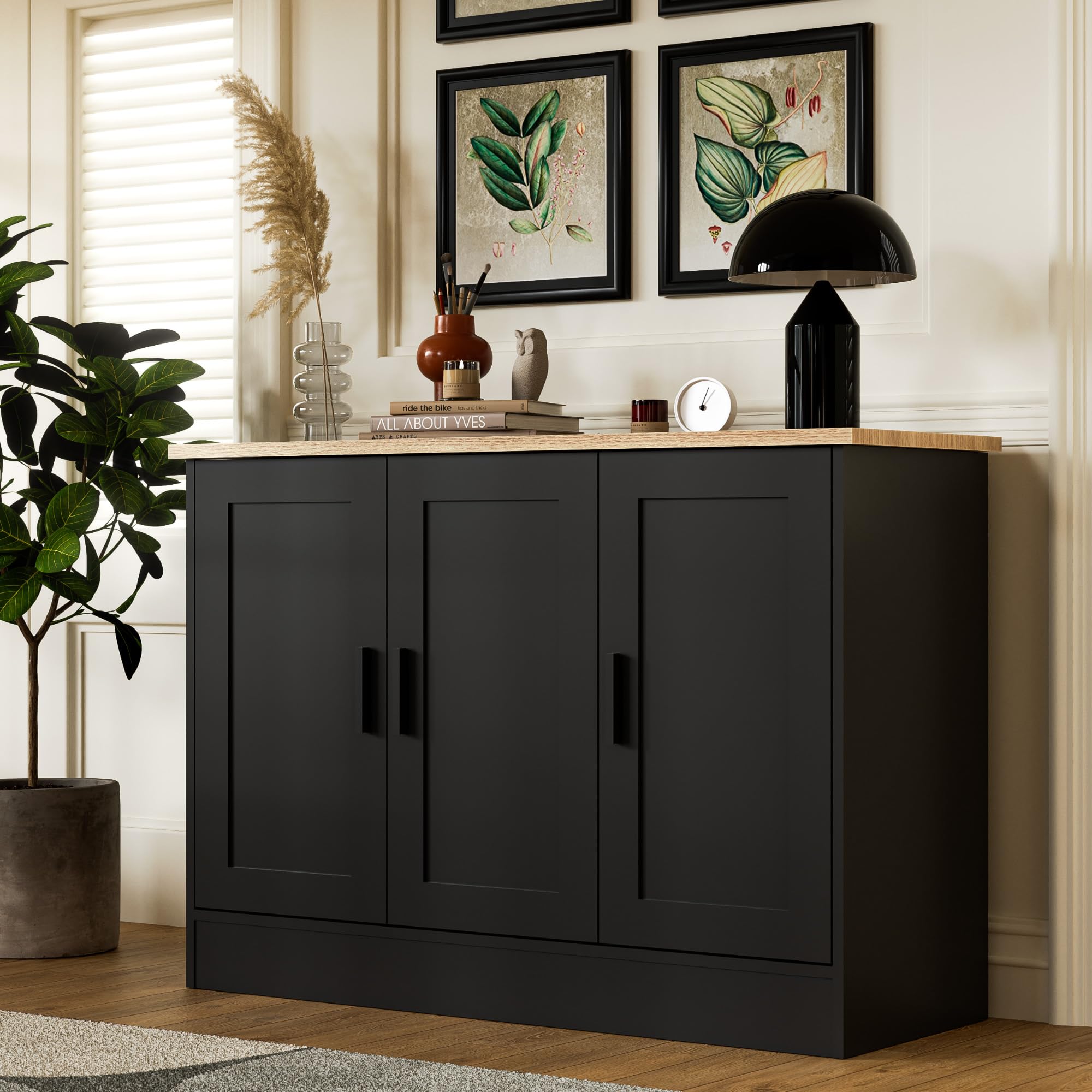 Anystyle 43.3   W Black 3 Door Buffet Cabinet, Coffee Bar Cabinet with Adjustable Shelf, Kitchen Buffet Sideboard for Living Roo