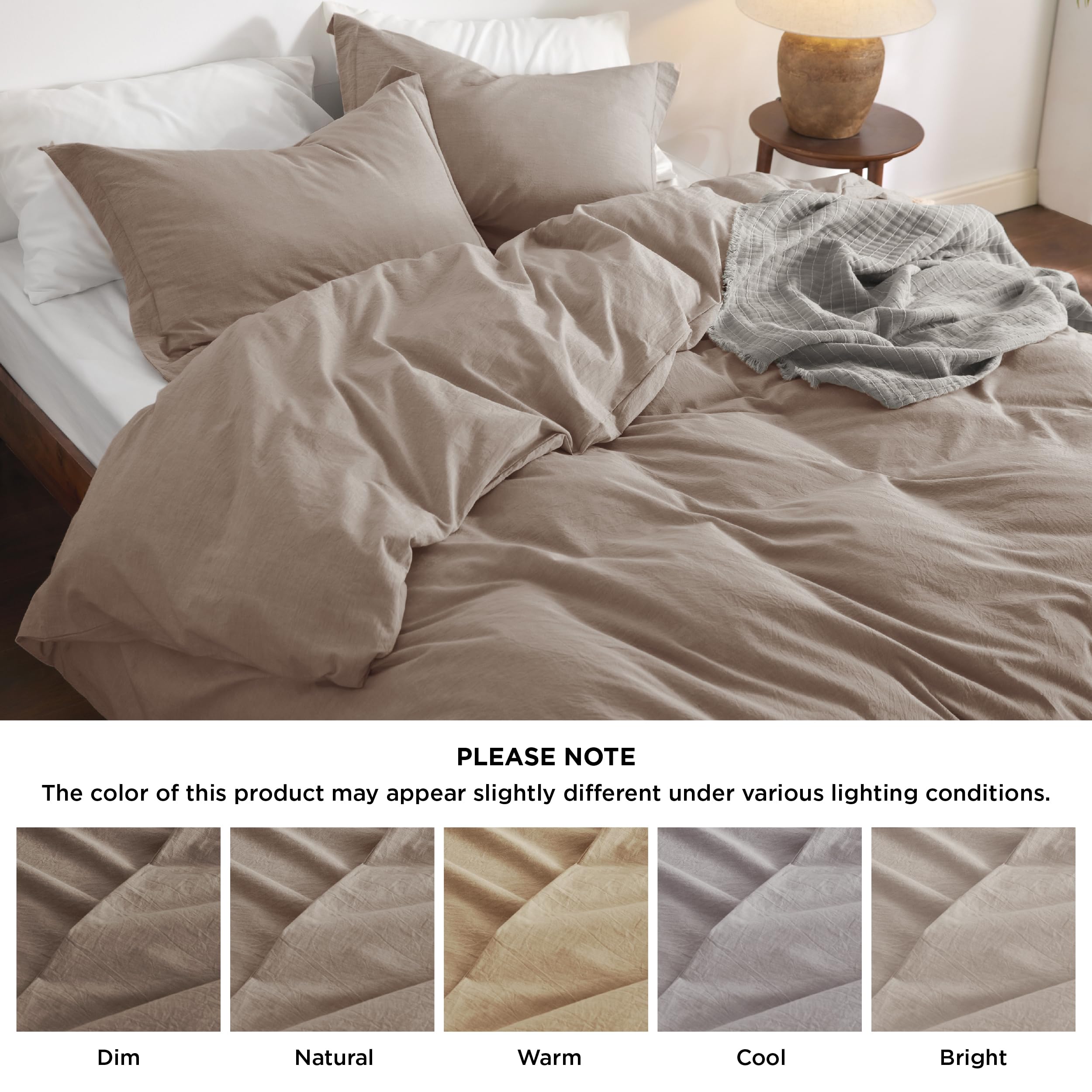 Bedsure 100% Washed Cotton Duvet Cover Queen - Taupe Minimalist Cotton Duvet Cover Set Linen Like - 3 Pieces Gentlesoft™ Plain Simple Bedding Set With 2 Pillow Shams (Taupe, Queen, 90'X90')