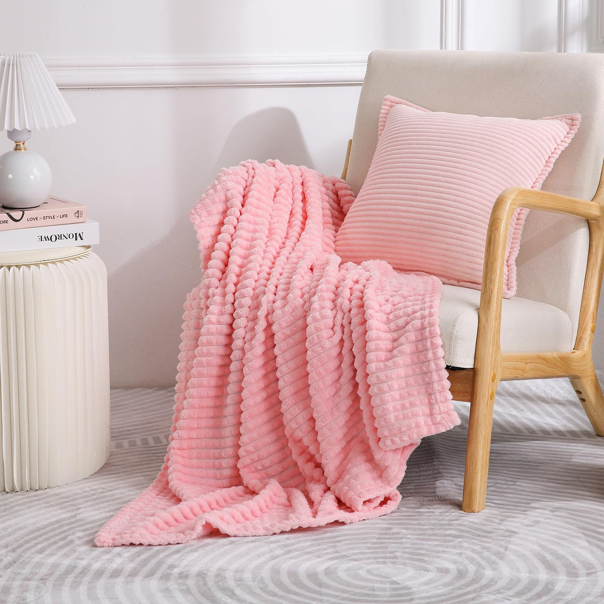 Puncuntex Flannel Fleece Throw Blanket Light Pink 50''  60'',Super Soft Plush Cozy Blanket With Square Grid Design Luxury For Co