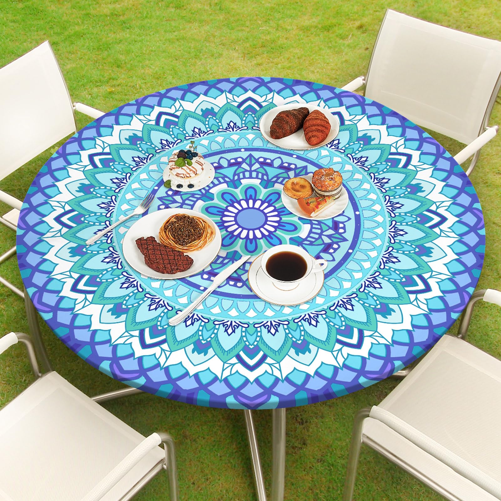 Round Tablecloth Fitted Elastic Table Cover Waterproof Table Cloth for Dinner, Party, Picnic,Camping, Round Table Cover for Indo