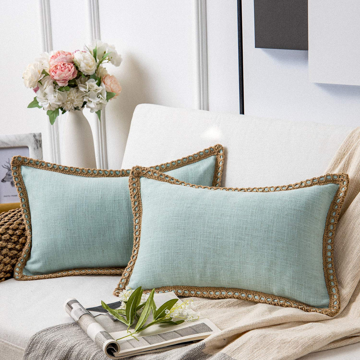 Phantoscope Pack Of 2 Farmhouse Decorative Solid Throw Decorative Pillow Cover Burlap Linen Trimmed Tailored Edges Light Turquoi