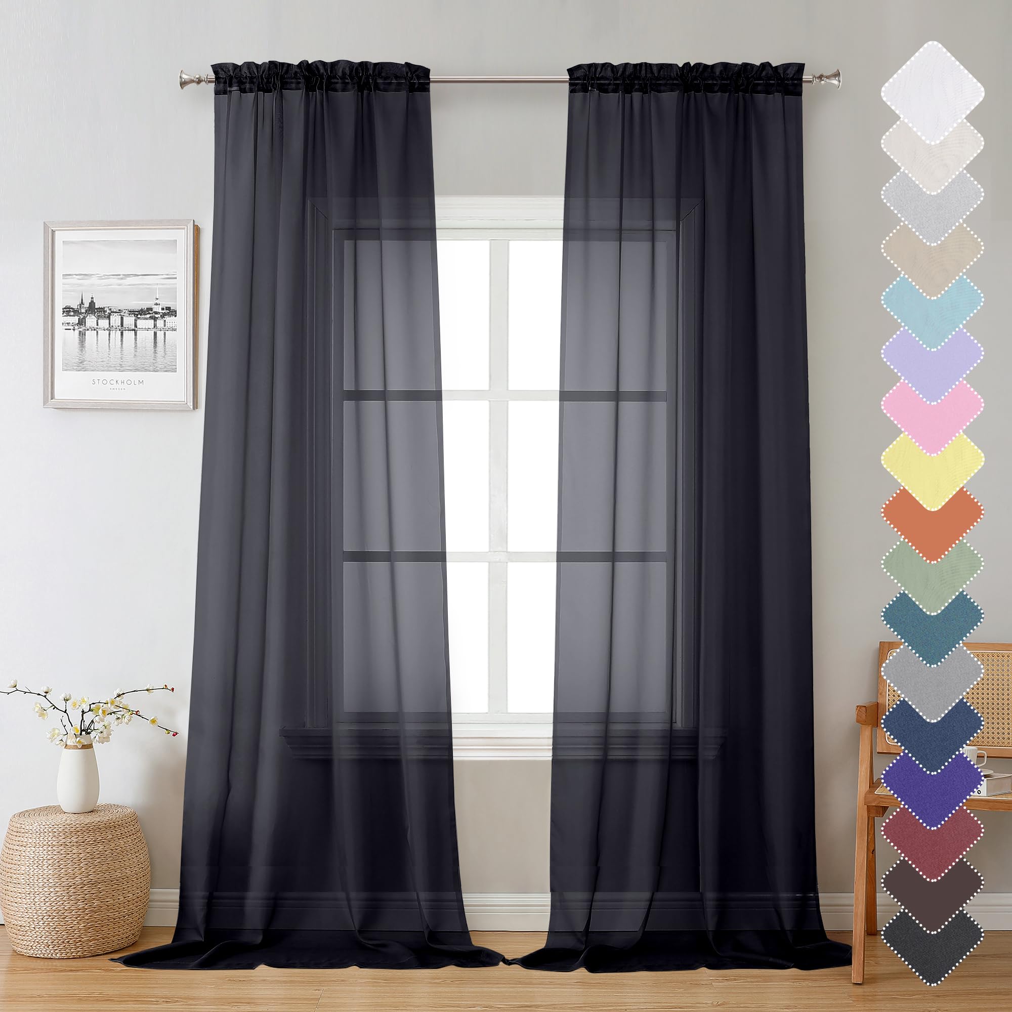 Lecloud Sheer Curtain Panels Set 96' Inches Long, Solid Voile Light Filtering Airy Curtains Window Treatment Drapes For Living