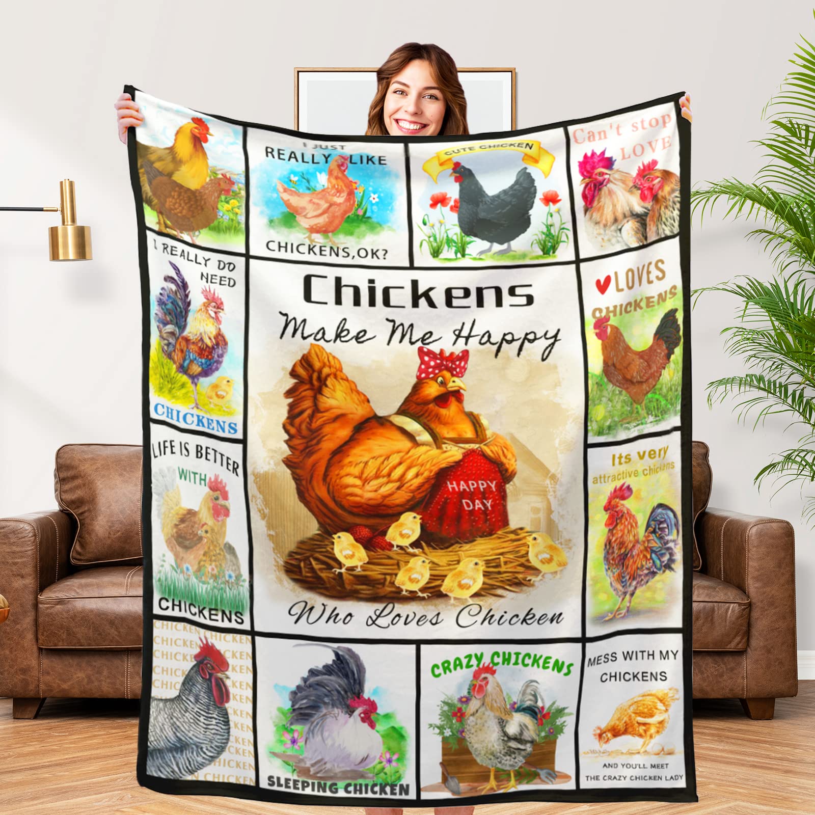 Cute Chicken Blanket, Soft Fuzzy Flannel Plush Chicken Gifts Throw Blanket For Couch Sofa Bed Chicken Decor, Funny Colorful Roos