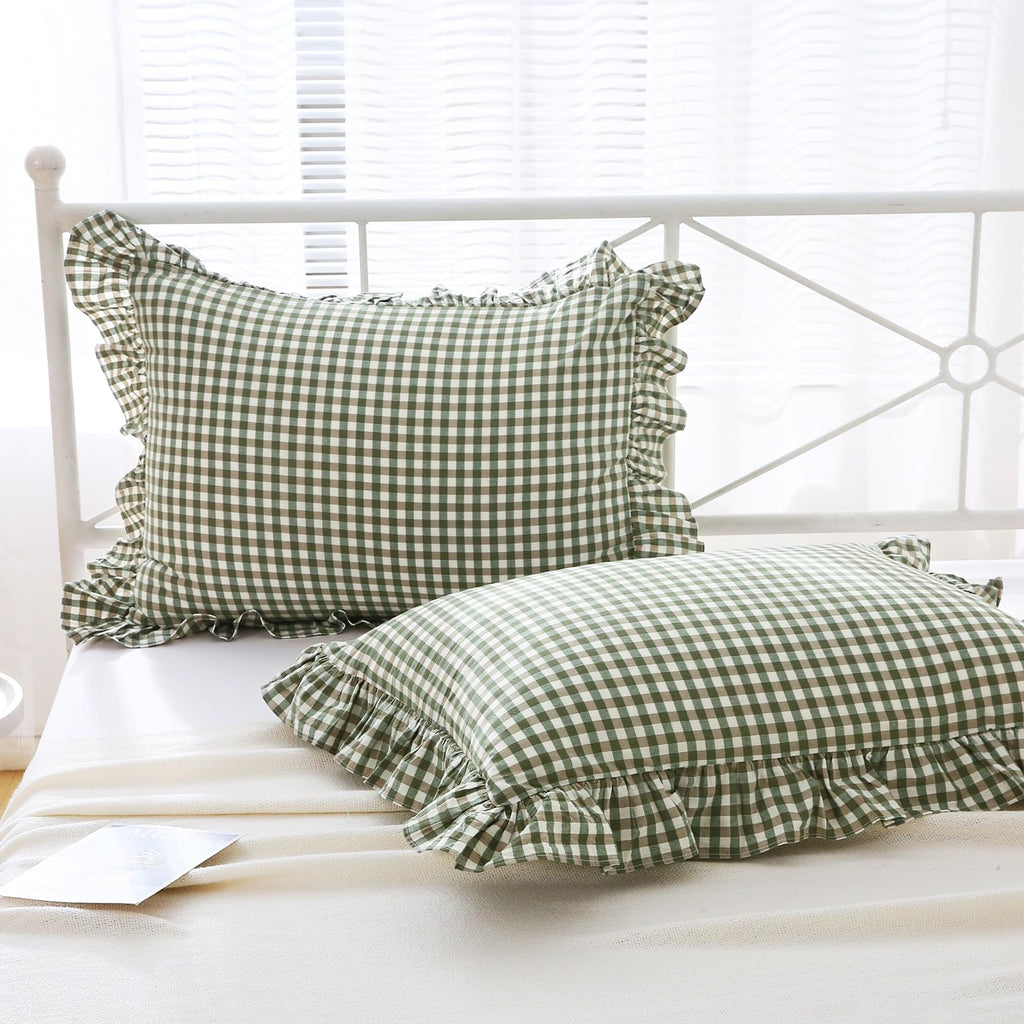 Mywinlle Green Plaid Ruffle King Size Pillow Shams 20''X36'',2 Pack Washed Cotton Farmhouse Pillowcases Pillow Covers