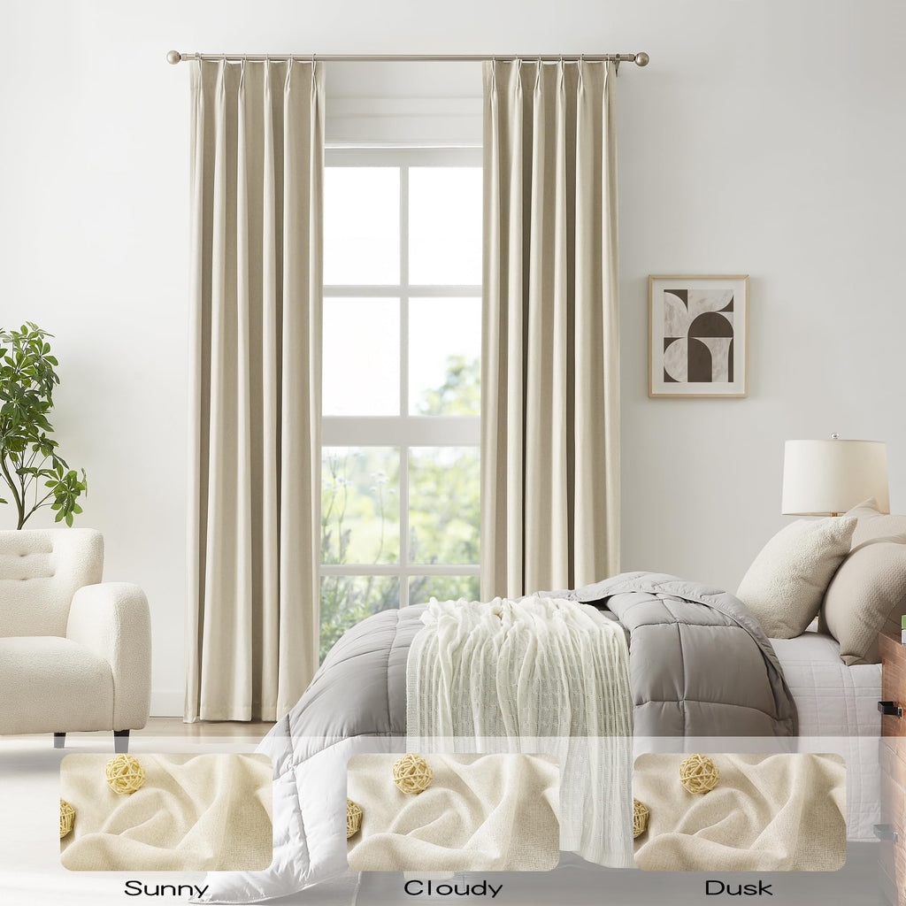 Dualife Natural Birch Pinch Pleated Blackout Curtains 108 Inches Long 9 Ft Length 2 Panels Set, Back Tab With Hooks,Ceiling Sun