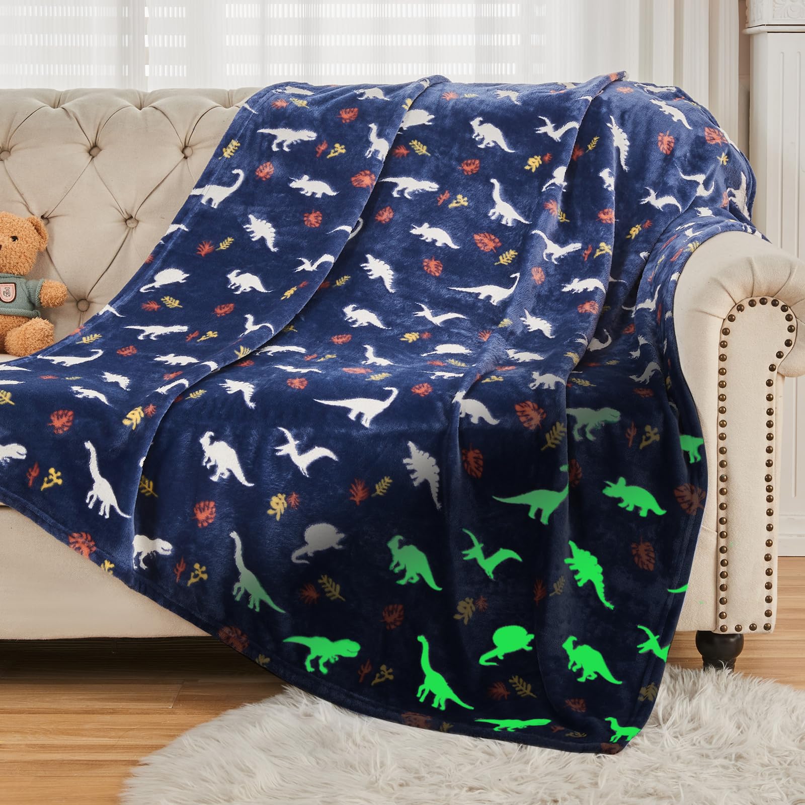 SOCHOW Glow in The Dark Throw Blanket 60 x 80 Inches, Jurassic Dinosaur Pattern Soft Cozy Flannel Fleece Blanket for Sons Daught