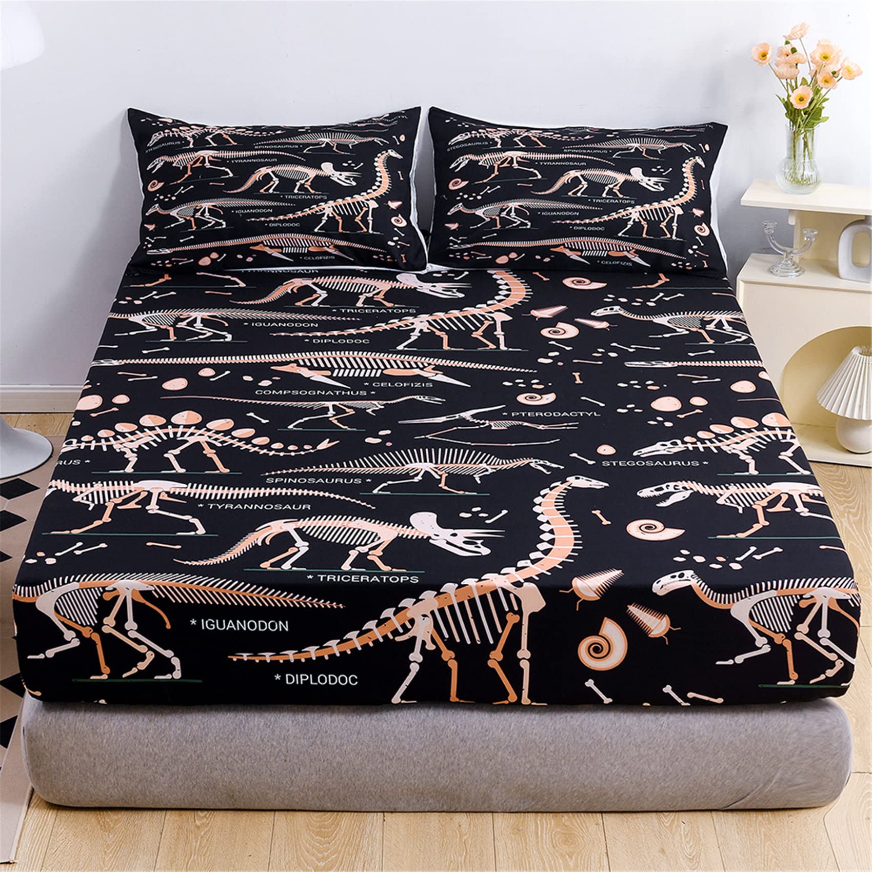 Urlinens Dinosaur Fitted Sheet Queen Size, Wildlife Dinosaur Sheet Set For Kids Boys Girls Teens Fun Bed Sheet, Jurassic Evoluti