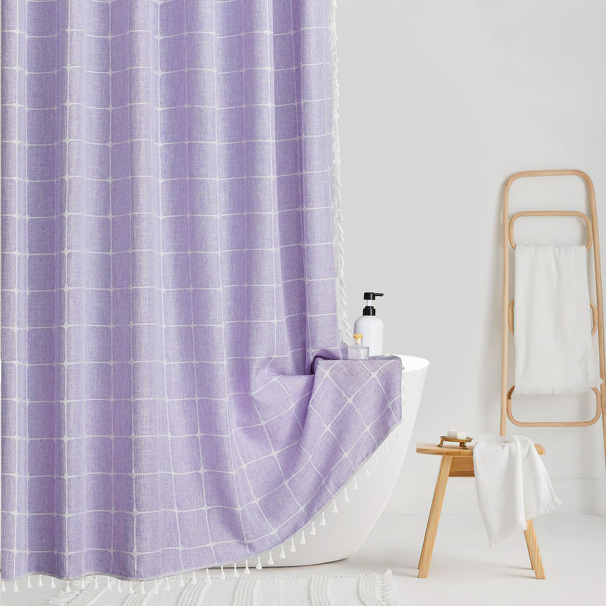 Yuanice Boho Farmhouse Shower Curtain, Purple Linen Heavy Duty Cloth Fabric Shower Curtain Set With Tassels, Modern Bohemian Vin