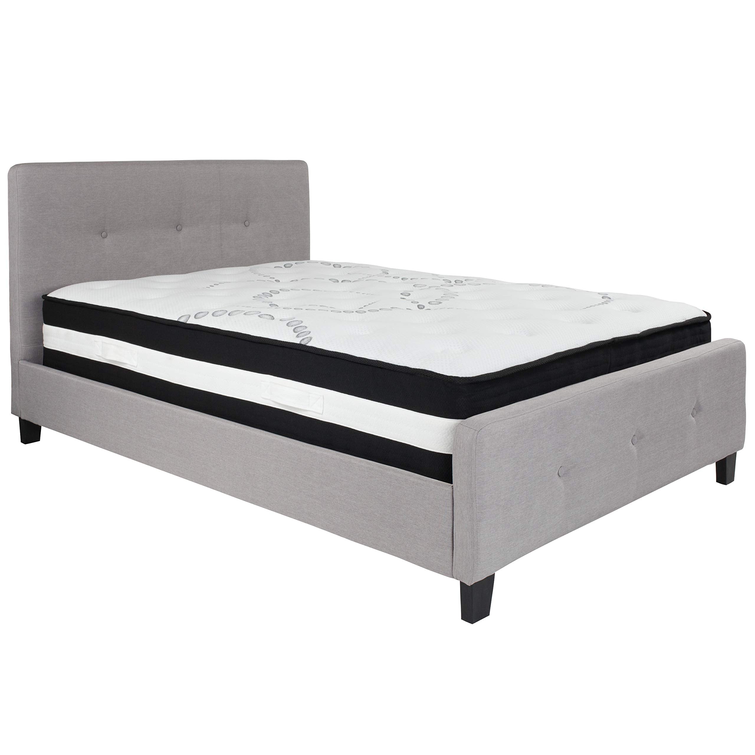 Flash Furniture Tribeca Full Size Tufted Upholstered Platform Bed in Light Gray Fabric with Pocket Spring Mattress