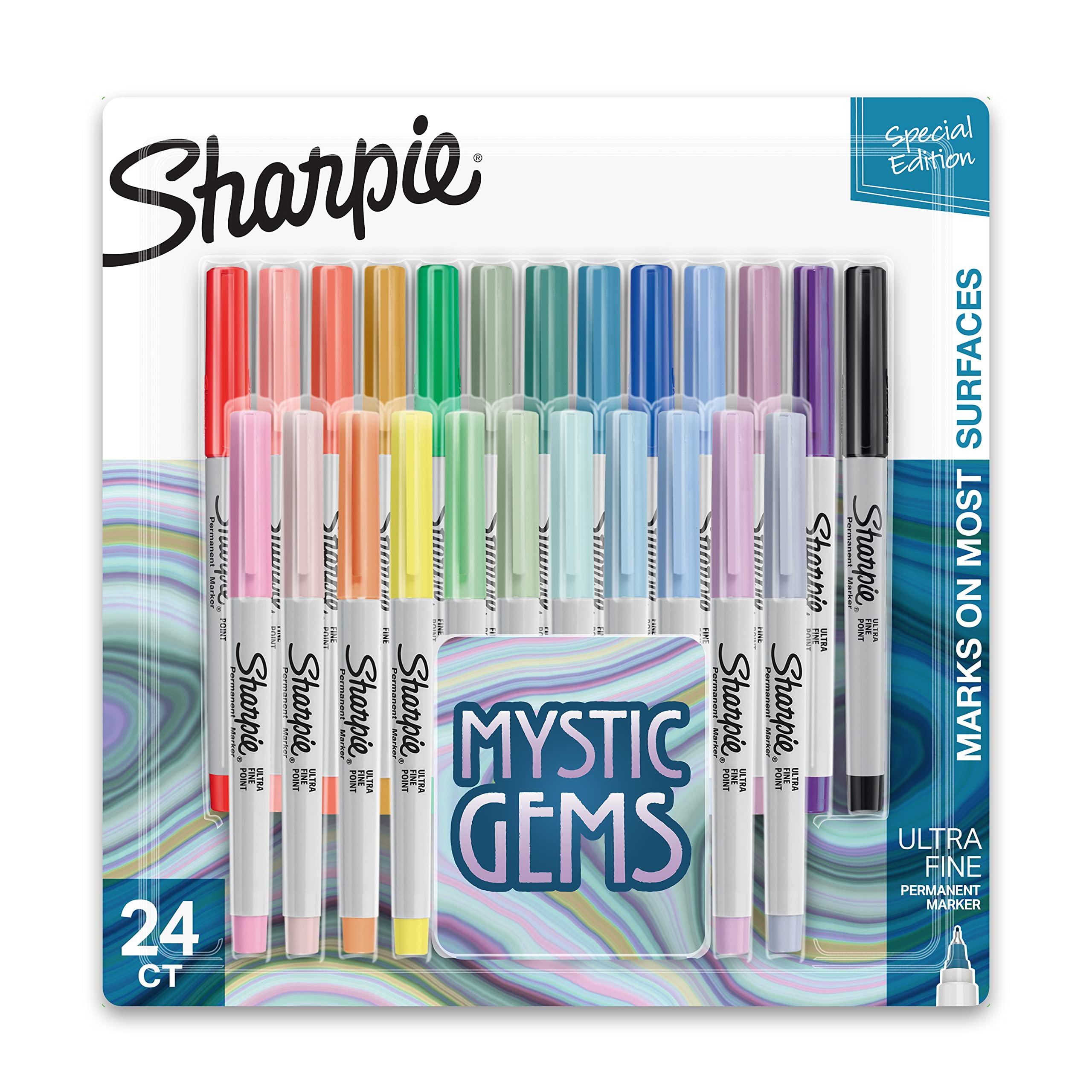 Sharpie Permanent Markers, Ultra-Fine Point, Featuring Mystic Gem Color Markers, Assorted, 24 Count