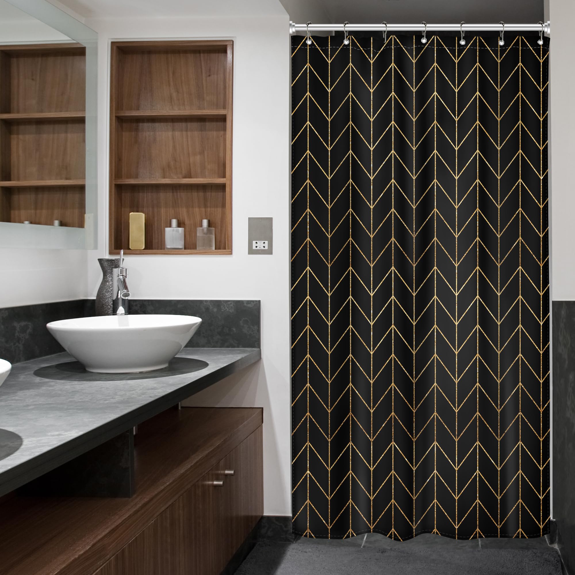 Riyidecor Small Stall Golden Black Chevron Shower Curtain Abstract Boho Herringbone Geometric Simple Striped Minimalist Modern 3