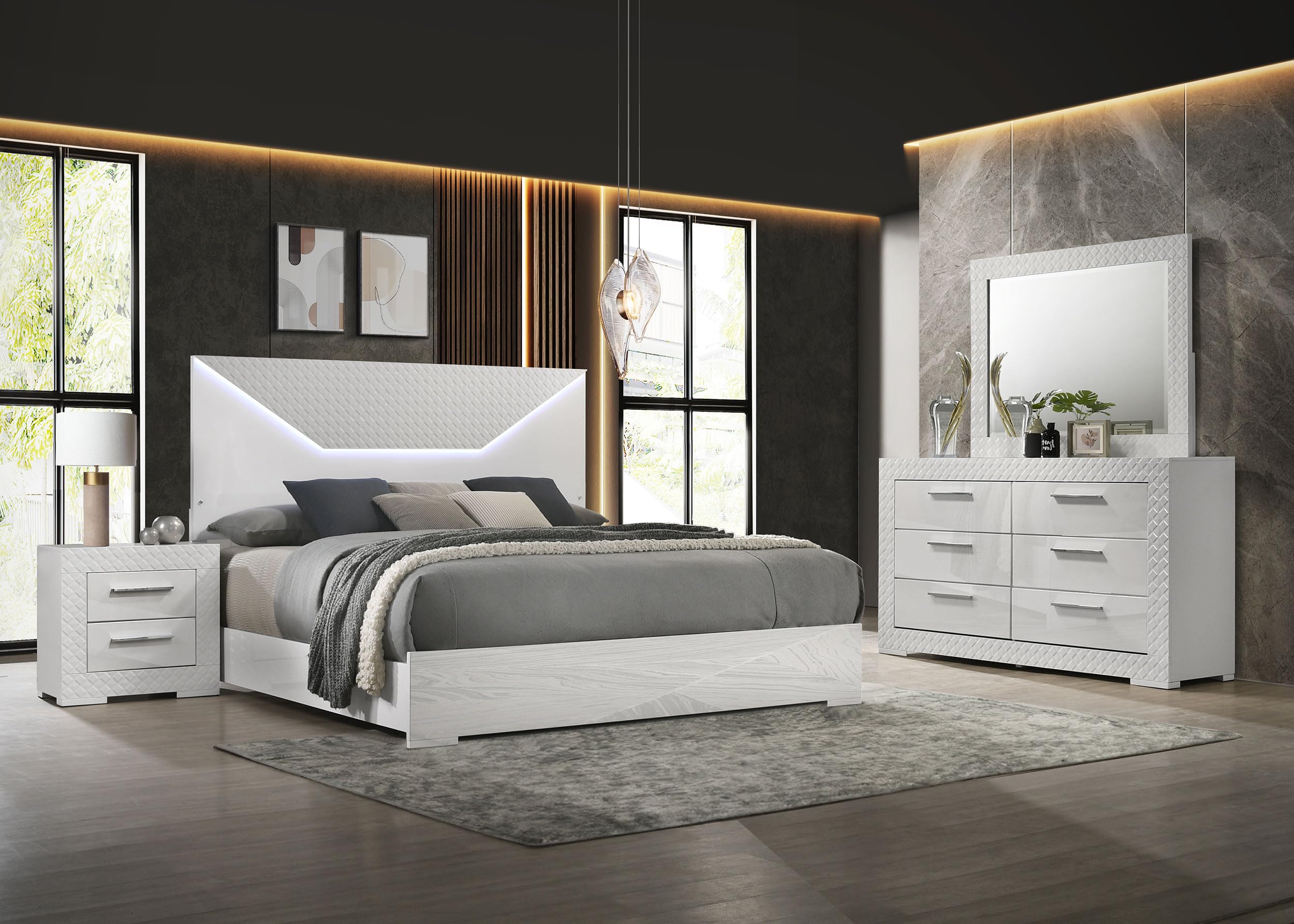 Coaster Home Furnishings Ives Contemporary 4-Piece Bedroom Set Eastern King Size LED Panel Bed Frame 57-inch Headboard White High Gloss 224941KE-S4