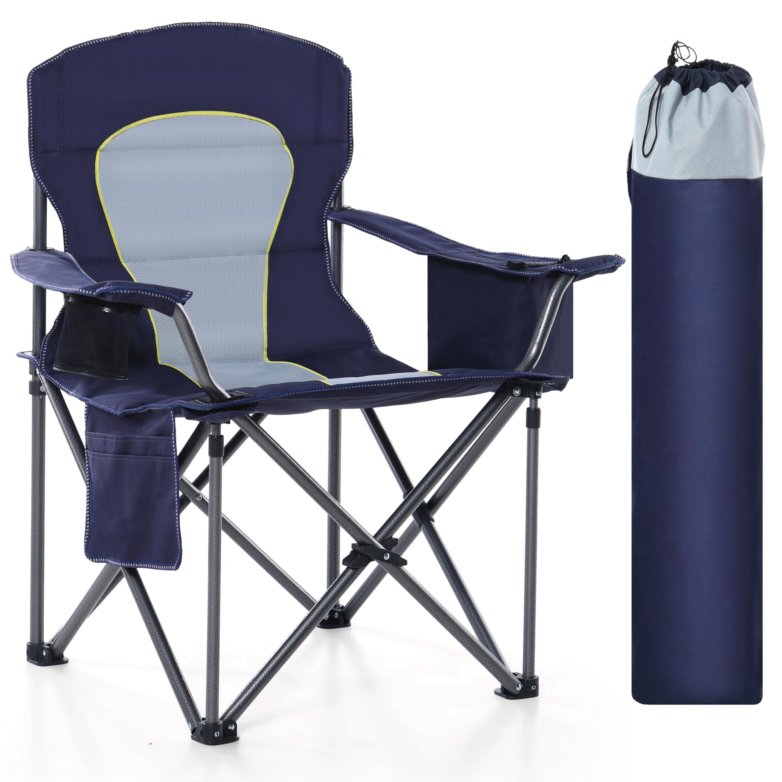 High Point Sports Oversized Camping Folding Chair, Heavy Duty Portable Outdoor Chair, Foldable Camp Chair With Cup Holder And Cooler Bag Support 450 Lbs, Dark Blue…
